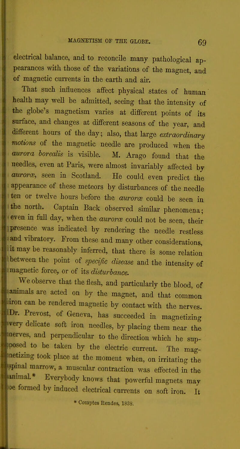 electrical balance, and to reconcile many pathological ap- pearances with those of the variations of the magnet, and of magnetic currents in the earth and air. That such influences affect physical states of human health may well be admitted, seeing that the intensity of the globe's magnetism varies at different points of its surface, and changes at different seasons of the year, and different hours of the day; also, that large extraordinary motions of the magnetic needle are produced when the aurora ioreaJis is visible. M. Arago found that the needles, even at Paris, were almost invariably affected by I aurora, seen in Scotland. He could even predict the appearance of these meteors by disturbances of the needle j ten or twelve hours before the aurora} could be seen in ithe north. Captain Back observed similar phenomena; •even in full day, when the aurora could not be seen, their |l presence was indicated by rendering the needle restless and vibratory. From these and many other considerations, it may be reasonably inferred, that there is some relation between the point of specific disease and the intensity of magnetic force, or of its disturbance. We observe that the flesh, and particularly the blood, of 'animals are acted on by the magnet, and that common iiron can be rendered magnetic by contact with the nerves. IDr. Prevost, of Geneva, has succeeded in magnetizing ivery delicate soft iron needles, by placing them near the •nerves, and perpendicular to the direction which he sup- iposed to be taken by the electric current. The mag- netizing took place at the moment when, on irritating the ipinal marrow, a muscidar contraction was effected in the mimaL* Everybody knows that powerful magnets may x>e formed by induced electrical currents on soft iron. It • Comptcs Rendes, 1838.