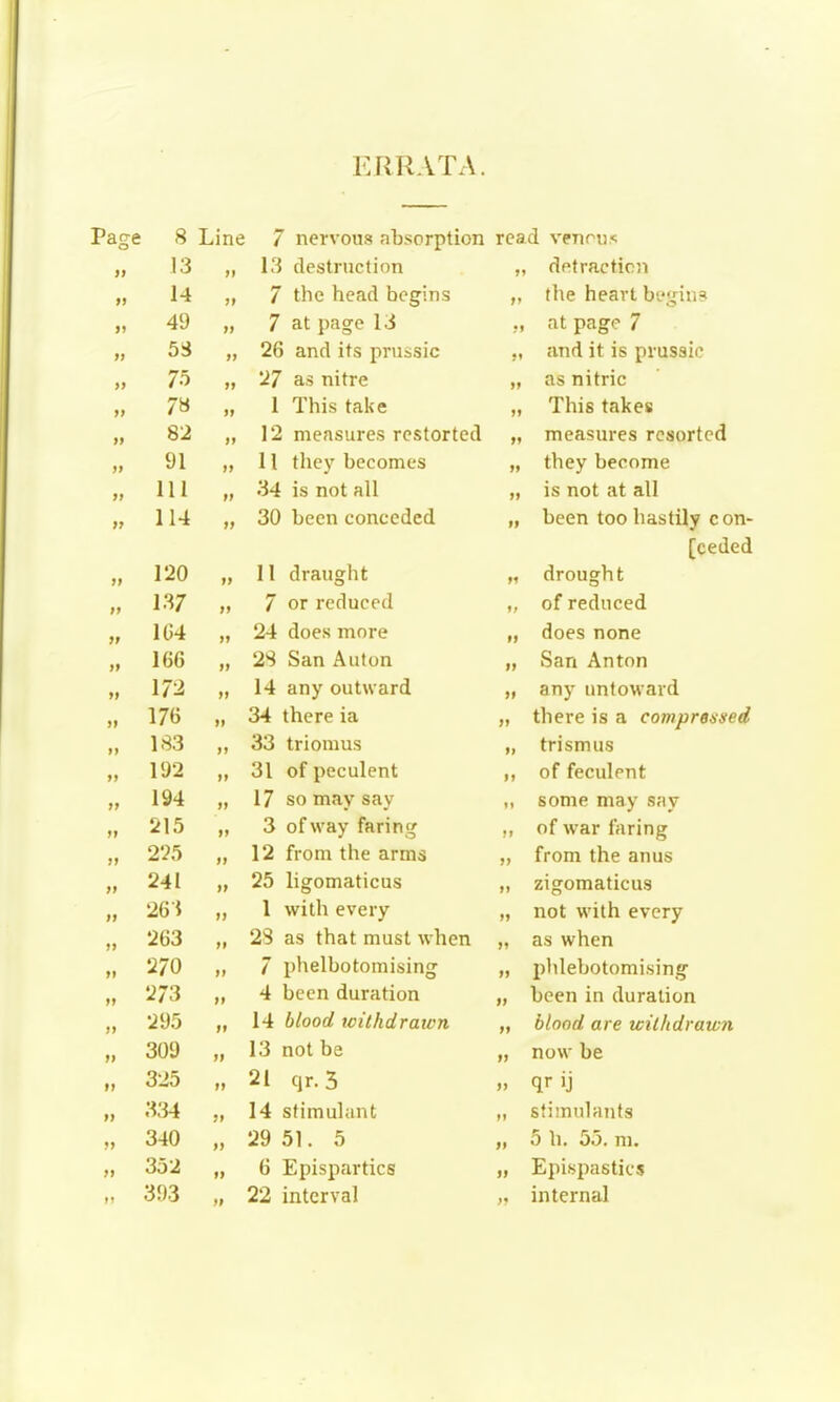 ERRATA. Page 8 Line 7 nervous absorption read venri).«; 13 >> 13 dcstrnclion n detraction 14 )» 7 the head begins I' the heart begin? 49 >> 7 at page 13 II at page 7 53 >) 26 and its prussic • 1 and it is prussic 75 i» 27 as nitre II as nitric 7a )i 1 This take II This takes 82 >> 12 measures rcstorted II measures resorted 91 >) 11 they becomes II they become 111 M 34 is not all II is not at all 114 t> 30 been conceded II been too hastily con- [ceded 120 l> 11 draught 11 drought 1.37 J> 7 or reduced it of reduced 1G4 )> 24 does more It does none 166 »> 2S San Auton II San Anton 172 Jl 14 any outward II any untoward 176 II 34 there ia JI there is a compressed 183 )) 33 triomus II trismus 192 II 31 of peculent II of feculent 194 II 17 so may say n some may say 215 II 3 of way faring ; I of war faring 225 II 12 from the arms 11 from the anus 241 II 25 ligomaticus II zigomaticus 26i 1} 1 with every II not with every 263 II 28 as that must when 11 as when 270 II 7 phelbotomising II phlebotomising 273 II 4 been duration II been in duration 295 II 14 blood withdraicn II blood are withdrawn 309 II 13 not be II now be 325 II 21 qr.3 II qr ij 334 51 14 stimulant II stimulants 340 II 29 51. 5 11 5 h. 55. m. 352 II 6 Epispartics >» Epispastics 393 11 22 interval )• internal