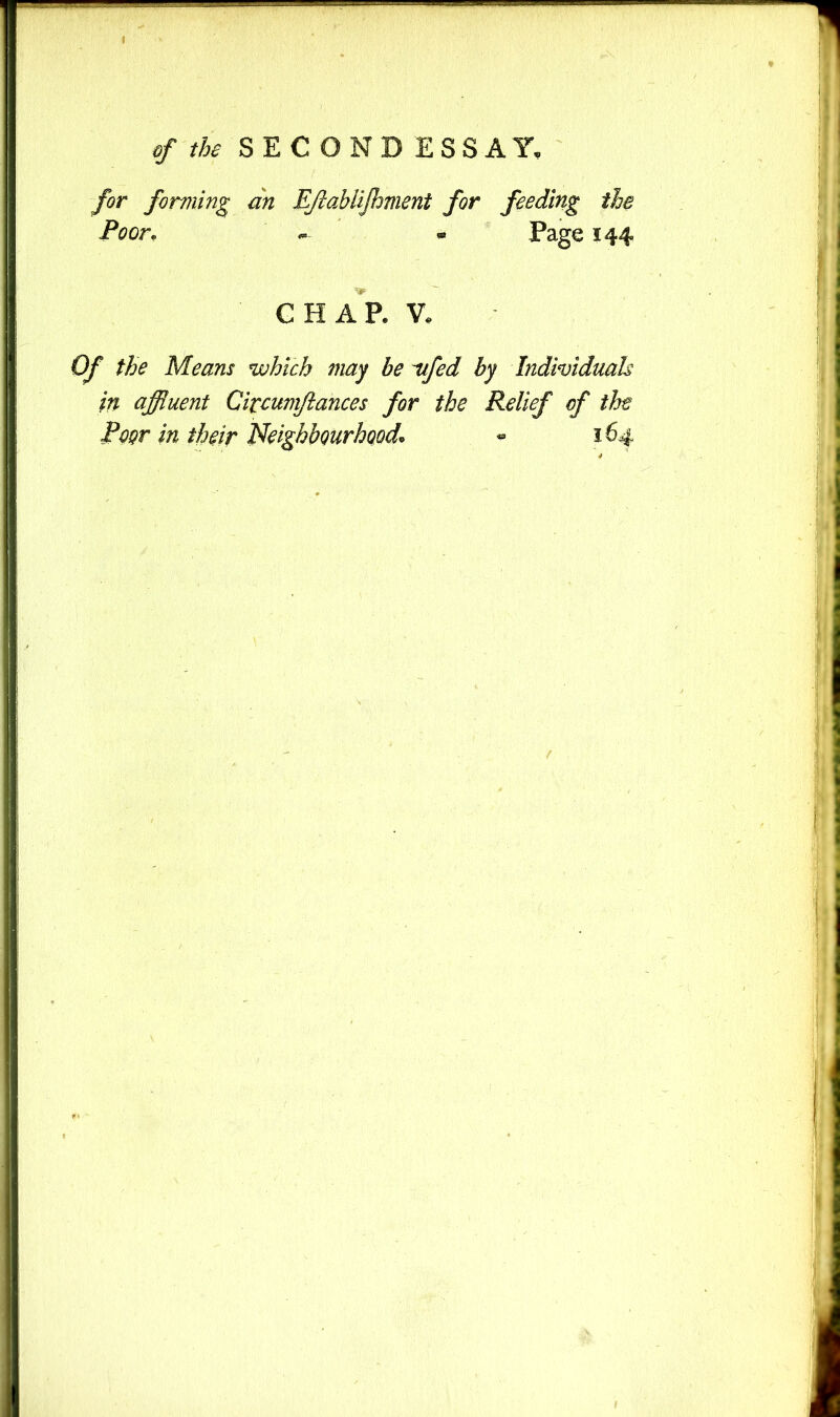 the SECOND ESSAY, for forming an Eftablijbment for feeding the Poor^ ^ - Page 144 CHAP. V, Of the Means which may be ^fed by Individuals in affluent Citcumjiances for the Relief of the PoQr in their Neighbourhoods « 164 f