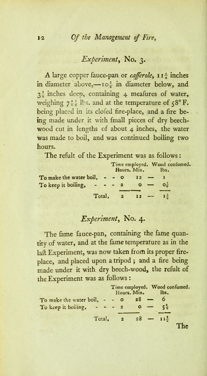 Experiment^ No* 3. A large copper fauce-pan or coffer ole ^ i if inches in diameter above,—10^ in diameter below, and 3I inches deep, containing 4 meafures of water, weighing ibs. and at the temperature of 58°F. being placed in its clofed fire-place, and a fire be- , ing made under it with fmall pieces of dry beech- wood cut in lengths of about 4 inches, the water was made to boil, and was continued boiling two hours. The refult of the Experiment was as follows: # Time employed. Wood confumed. Hours. Min. lbs. To make the water boil, - - o 12 i To keep it boiling, - - - 2 o — o| Total, 2 12 — i| Experiment^ No, 4. The fame fauce-pan, containing the fame quan- tity of water, and at the fame temperature as in the laft Experiment, was now taken from its proper fire- place, and placed upon a tripod ; and a fire being made under it with dry beech-wood, the refult of the Experiment was as follows: Time employed. Wood confumed. Hours. Min. lbs. To make the water boil, - - 0 28 —• 6 To keep it boiling, - - - 2 0 — 52 Total, 2 28 — III