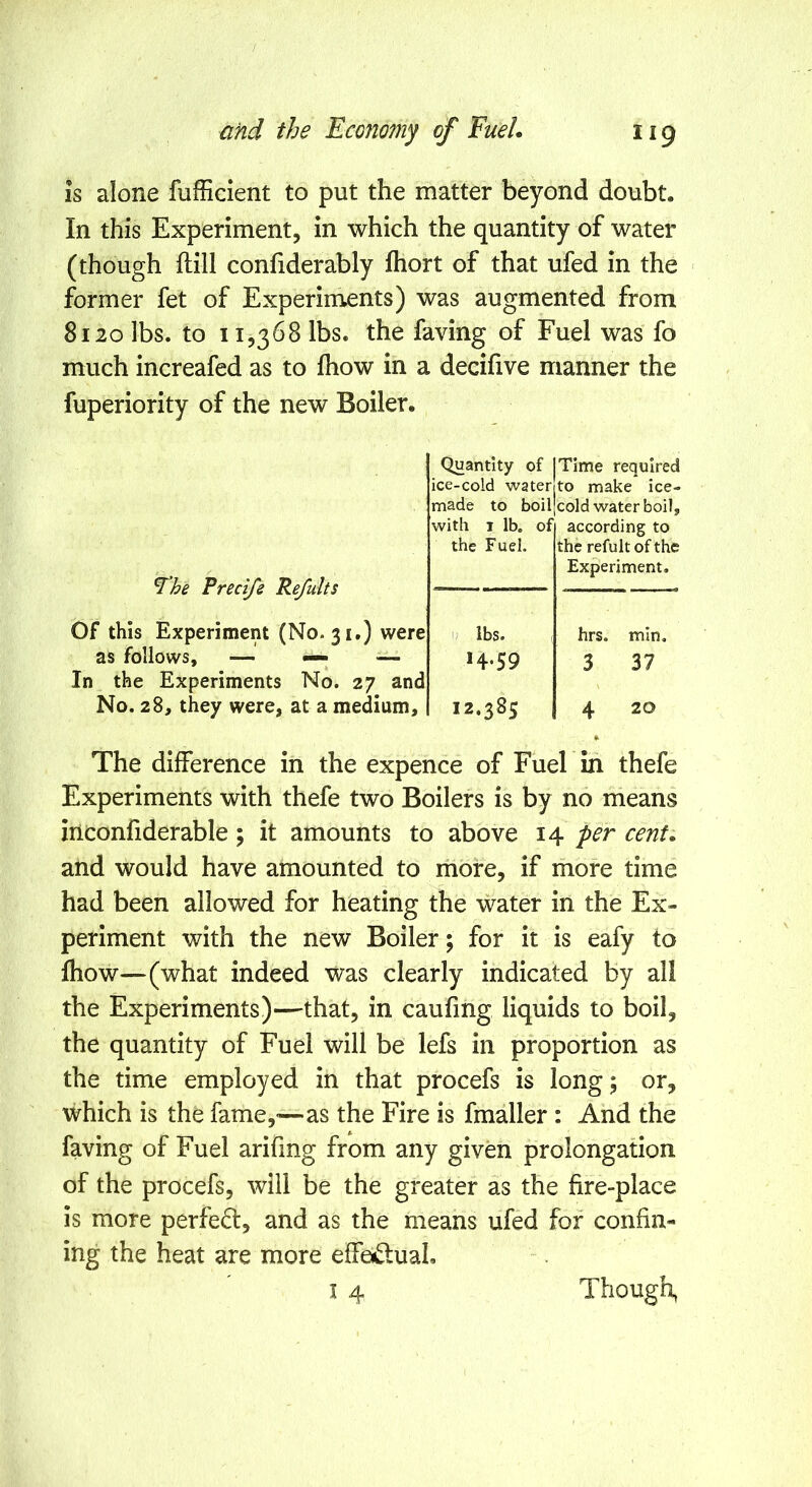 IS alone fufficient to put the matter beyond doubt. In this Experiment, in which the quantity of water (though hill confiderably ftiort of that ufed in the ■ former fet of Experiments) was augmented from 8120 lbs. to 11,368 lbs. the faving of Fuel was fo much increafed as to fhow in a decifive manner the fuperiority of the new Boiler. The Precife Re/ults Quantity of ice-cold water made to boil with 1 lb. of the Fuel. Time required to make ice- cold water boil, according to the refult of the Experiment. Of this Experiment (No. 31,) were as follows, — — — * > In the Experiments No. 27 and No. 28, they were, at a medium. ibs. H*59 12.385 hrs. min, 3 37 4 20 The difference in the expence of Fuel in thefe Experiments with thefe two Boilers is by no means iriconfiderable; it amounts to above 14 per cent. and would have amounted to more, if more time had been allowed for heating the water in the Ex- periment with the new Boiler; for it is eafy to fhow—(what indeed was clearly indicated by all the Experiments)—that, in caufing liquids to boil, the quantity of Fuel will be lefs in proportion as the time employed in that procefs is long; or, which is the fame,-—as the Fire is fmaller : And the faving of Fuel arifmg from any given prolongation of the procefs, will be the greater as the fire-place is more perfect, and as the means ufed for confin- ing the heat are more effeii3:uaL