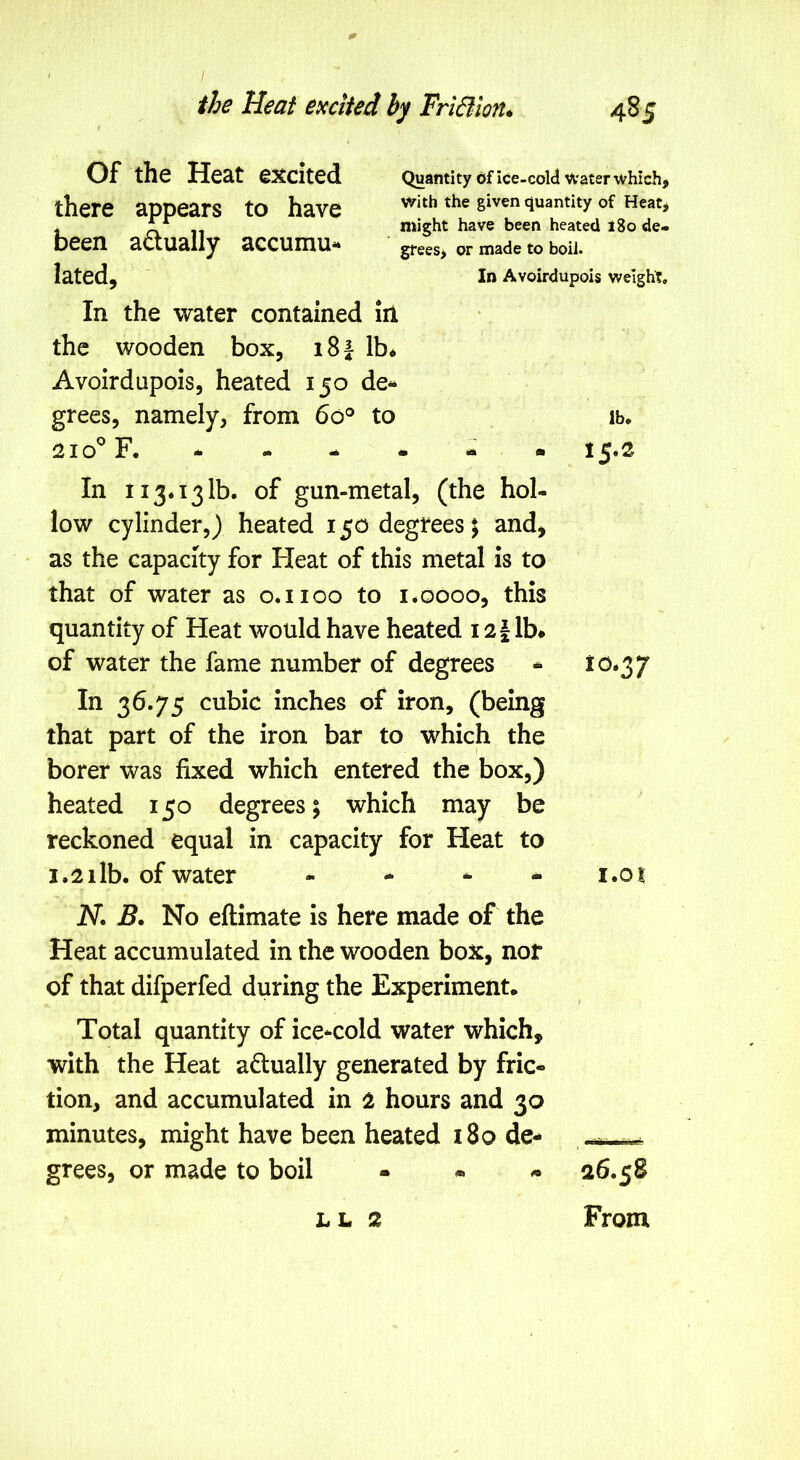 / Of the Heat ejccited Quantity of iCe-cold Vi'ater which) there appears to have with the given quantity of Heat* . ^ , might have been heated 180 de- ueeH actually accuniu^ gteeS) or made to boil. lated. In Avoirdupois weight. In the water contained ill • the wooden box, i8| lb* Avoirdupois, heated 150 de- grees, namely, from 60® to lb. 210*^ F. - • 15.2 In 113.131b. of gun-metal, (the hol- low cylinder,) heated 150 degrees | and, as the capacity for Heat of this metal is to that of water as o.iioo to i.oooo, this quantity of Heat would have heated 12| lb# of water the fame number of degrees * In 36.75 cubic inches of iron, (being that part of the iron bar to which the borer was fixed which entered the box,) heated 150 degrees; which may be reckoned equal in capacity for Heat to 1.2lib. of water . - ^ ^ i.oi iV*. B. No eftimate is here made of the Heat accumulated in the wooden box, nor of that difperfed during the Experiment. Total quantity of ice*cold water which, with the Heat aflually generated by fric- tion, and accumulated in 2 hours and 30 minutes, might have been heated 180 de- grees, or made to boil - « ^ 26.58