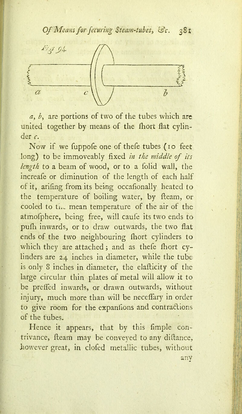 Of Means for fe curing Steam-tubes, csV, 384 a, b, are portions of two of the tubes which are united together by means of the fhort flat cylin- der c. Now if we fuppofe one of thefe tubes (10 feet long) to be immoveably fixed in the middle of its length to a beam of wood, or to a folid wall, the increafe or diminution of the length of each half of it, arifing from its being occafionally heated to the temperature of boiling water, by fleam, or cooled to th~ mean temperature of the air of the atmofphere, being free, will caufe its two ends to pufh inwards, or to draw outwards, the two flat ends of the two neighbouring fhort cylinders to which they are attached; and as thefe fhort cy- linders are 24 inches in diameter, while the tube is only 8 inches in diameter, the elafticity of the large circular thin plates of metal will allow it to be prefled inwards, or drawn outwards, without injury, much more than will be neceflary in order to give room for the expanfions and contraftions of the tubes. Hence it appears, that by this Ample con- trivance, fleam may be conveyed to any diftance, however great, in clofed metallic tubes, without anv <4