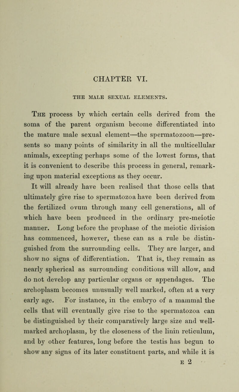 THE MALE SEXUAL ELEMENTS. The process by which certain cells derived from the soma of the parent organism become differentiated into the mature male sexual element—the spermatozoon—pre- sents so many points of similarity in all the multicellular animals, excepting perhaps some of the lowest forms, that it is convenient to describe this process in general, remark- ing upon material exceptions as they occur. It will already have been realised that those cells that ultimately give rise to spermatozoa have been derived from the fertilized ovum through many cell generations, all of which have been produced in the ordinary pre-meiotic manner. Long before the prophase of the meiotic division has commenced, however, these can as a rule be distin- guished from the surrounding cells. They are larger, and show no signs of differentiation. That is, they remain as nearly spherical as surrounding conditions will allow, and do not develop any particular organs or appendages. The archoplasm becomes unusually well marked, often at a very early age. For instance, in the embryo of a mammal the cells that will eventually give rise to the spermatozoa can be distinguished by their comparatively large size and well- marked archoplasm, by the closeness of the linin reticulum, and by other features, long before the testis has begun to show any signs of its later constituent parts, and while it is
