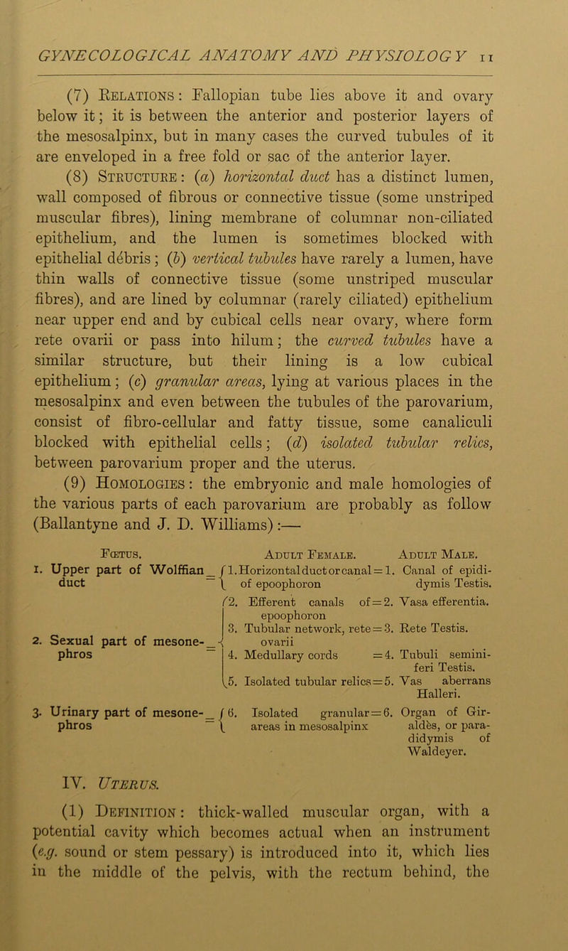 (7) Eelations : Fallopian tube lies above it and ovary below it; it is between the anterior and posterior layers of the mesosalpinx, but in many cases the curved tubules of it are enveloped in a free fold or sac of the anterior layer. (8) Structuee : {a) horizontal duct has a distinct lumen, wall composed of fibrous or connective tissue (some unstriped muscular fibres), lining membrane of columnar non-ciliated epithelium, and the lumen is sometimes blocked with epithelial ddbris; (&) vertical tubides have rarely a lumen, have thin walls of connective tissue (some unstriped muscular fibres), and are lined by columnar (rarely ciliated) epithelium near upper end and by cubical cells near ovary, where form rete ovarii or pass into hilum; the curved tubules, have a similar structure, but their lining is a low cubical epithelium; (c) granular areas, lying at various places in the inesosalpinx and even between the tubules of the parovarium, consist of fibro-cellular and fatty tissue, some canaliculi blocked with epithelial cells; {d) isolated tubular relics, between parovarium proper and the uterus. (9) Homologies : the embryonic and male homologies of the various parts of each parovarium are probably as follow (Ballantyne and J. D. Williams):— Fcetos. I. Upper part of Wolffian duct Adult Female. Adult Male. /1. Horizon talduct or canal = 1. Canal of epidi- \ of epoophoron dymis Testis. 2. 12. Sexual part of mesono' phros 3. 4. (5. Efferent canals of=2. Vasa efferentia. epoophoron Tubular network, rete = 3. Rete Testis, ovarii Medullary cords =4. Tubuli semini- feri Testis. Isolated tubular relics=5. Vas aberrans Halleri. 3. Urinary part of mesone-_ / 6. Isolated granular=6. Organ of Gir- phros “ \ areas in mesosalpinx aldhs, or para- didymis of Waldeyer. IV. Uterus. (1) Definition: thick-walled muscular organ, with a potential cavity which becomes actual when an instrument {e.g. sound or stem pessary) is introduced into it, which lies in the middle of the pelvis, with the rectum behind, the