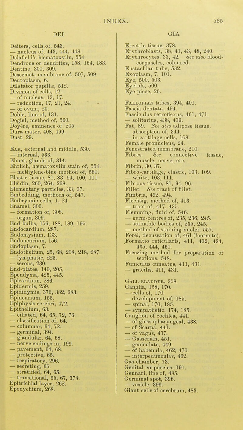 DEI Deiters, cells of, 543. — nucleus of, 443, 444, 448. Delafield's haematoxylin, 554. Dendrons or dendrites, 158, 164, 183. Dentine, 300, 309. Descemet, membrane of, 507, 509 Deutoplasm, 6. Dilatator pupillie, 512. Division of cells, 12. — of nucleus, 13, 17. — reduction, 17, 21, 24. — of ovum, 20. Dobie, line of, 131. Dogiel, method of, 560. Doy^re, eminence of, 205. Dura mater, 408, 499. Dust, 29. Ear, external and middle, 530. — internal, 533. Ebner, glands of, 314. Ehrlich, haematoxylin stain of, 554. — methylene-bJue method of, 560. Elastic tissue, 81, 83, 94, .100, 111. Eleidin, 260, 264, 268. Elementary particles, 33, 37. Embedding, methods of, 547. Embryonic cells, 1, 24. Enamel, 300. — formation of, 308. — organ, 309. End-bulbs, 156, 188, 189, 195. Endocardium, 287. Endomysium, 133. Endoneurium, 156. Endoplasm, 7. Endothelium, 25, 68, 208, 218, 287. — lymphatic, 225. — serous, 230. End-plates, 140, 205, Ependyma, 425, 445. Epicardium, 286. Epidermis, 259. Epididymis, 376, 382, 383. Epineurium, 155. Epiphysis cerebri, 472. Epithelium, 63. — ciliated, 64, 65, 72, 76. — classification of, 64. — columnar, 64, 72. — germinal, 394. — glandular, 64, 68. — nerve endings in, 199. — pavement, 64, 68. — protective, 65. — respiratory, 296. — secreting, 65. — stratified, 64, 65. — transitional, 65, 67, 378. Epitrichial layer, 262. Eponychium, 268. GIA Erectile tissue, 378. Erythroblasts, 38, 41, 43, 48, 240. Erythrocytes, 33, 42. See a^so blood- corpuscles, coloured. Eustachian tube, 532. Exoplasm, 7, 101. Eye, 500, 503. Eyelids, 500. Eye-piece, 26. Fallopian tubes, 394, 401. Fascia dentata, 494. Fasciculus retrofiexus, 461, 471. — solitarius, 438, 439. Fat, 89. See also adipose tissue. — absorption of, 344. — in cartilage cells, 108. Female pronucleus, 24. Fenestrated membrane, 210. Fibres. See connective tissue, muscle, nerve, etc. Fibrin, 30, 37. Fibro-cartilage, elastic, 103, 109. — white, 103, 111. Fibrous tissue, 81, 94, 96. Fillet. See tract of fillet. Fimbria, 492, 494. Flechsig, method of, 413. — tract of, 417, 4.35. Flemming, fiuid of, 546. — germ-centres of, 235, 236, 245. — stainable bodies of, 235, 245. — method of staining nuclei, 557. Forel, decussation of, 461 (footnote). Formatio reticularis, 411, 432, 434, 435, 444, 460. Freezing method for preparation of sections, 548. Funiculus cuneatus, 411, 431. — gracilis, 411, 431. Gall-bladder, 358. Ganglia, 158, 170. — cells of, 170. — development of, 185. — spinal, 170, 185. — sympathetic, 174, 185. Ganglion of cochlea, 441. — of glossopharyngeal, 438. — of Scarpa, 441. — of vagus, 437. — Gasserian, 451. — geniculate, 449. — of habenula, 462, 470. — interpeduncular, 462. Gas-chamber, 73. Genital corpuscles, 191. Gennari, line of, 485. Germinal spot, 396. — vesicle, 396. Giant cells of cerebrum, 483.