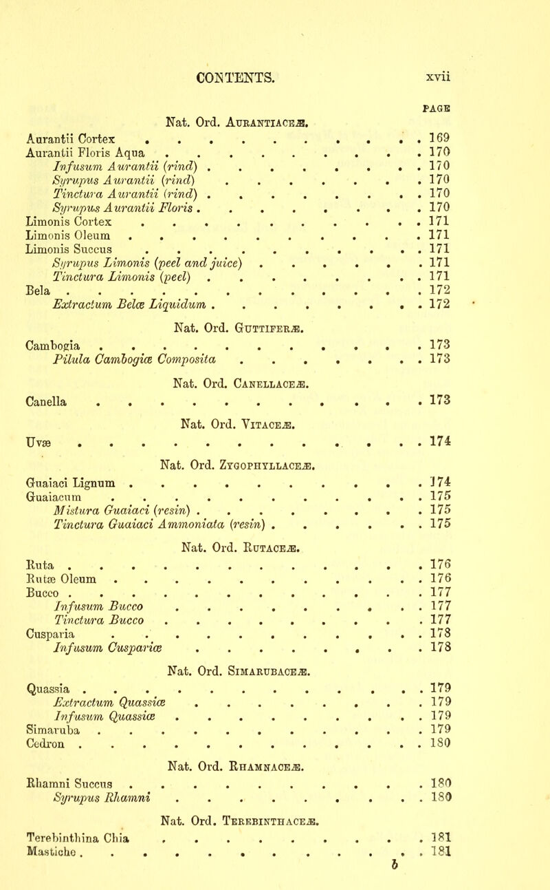 PAGE Nat. Ord. AuKANTiACE-aB. Aurantii Cortex • . . . . . * . , , 169 Aurantii Floris Aqua . . . . . . . . .170 Imfusxim Aurantii (rind) . . . . , , , . 170 Syrv,pus Aurantii {rind) . . . . . . ,170 Tinctura Aurantii (rind) 170 Syrupus Aurantii Floris. . , . . . . .170 Limonis Cortex . . . . . . . . . . 171 Limonis Oleum .......... 171 Limonis Succus . . . . . . . . , . 171 S//rupus Limonis (peel and juice) 171 Tinctura Limonis (peel) . . . . . . . . 171 Bela . . . ^ 172 Extractum Belce Liquidum 172 Nat. Ord. Guttifer^. Cambogia . . . . 173 Pilula CamlogicB Composita 173 Nat. Ord. Canellace^. Canella 173 Nat. Ord. Vitace^. Uvse . . 174 Nat. Ord. Zygophyllace^. Guaiaci Lignum . . . . . . . , . .174 Guaiacnm ........... 175 Mistura Guaiaci (resin) . . . . . , . .175 Tinctura Guaiaci Ammoniata (resin) . . . , . . 175 Nat. Ord. RuTACE-as. Ruta 17 (y Rutse Oleum 176 Bucco 177 Infusum Bucco . . . , . . , . . 177 Tinctura Bucco 177 Cusparia . , . . 178 Infusum Cusparice . . . . . • . .178 Nat. Ord. Simarubace^. Quassia 179 Extractum Quassice . . . . . , . .179 Infusum Quassice . . . . . . . ..179 Simaruba . . . . . . . . . . .179 Cedron 180 Nat. Ord. Rhamnace^. Rharani Succus . . . . . . . . . .ISO Syrupus Rhamni . . . . . , . . , 180 Nat. Ord. TerebinthACEiB. Terehinthina Chia , 181 Masticho 181 h