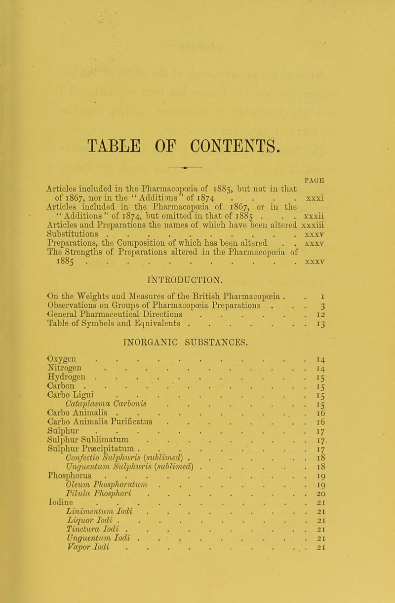 TABLE OF CONTENTS. PAGE Articles included in tlie Pharmacopoeia of 1885, but not in that of 1867, nor in the  Additions of 1874 .... xxxi Articles included in the Pharmacopoeia of 1867, or in the  Additions  of 1874, hut omitted in that of 1885 . . . xxxii Articles and Preparations the names of which have been altered xxxiii Substitutions xxxv Preparations, the Composition of which has been altered . . xxxv The Strengths of Preparations altered in the Pharmacopoeia of 1885 xxxv INTRODUCTION. On the Weights aud Measures of the British Pharmacopoeia . . 1 Observations on Groups of Pharmacopoeia Preparations . . . 3 Oeneral Pharmaceutical Directions . . . . . .12 Table of Symbols and Equivalents . . . . . . 13 INORGANIC SUBSTANCES. Oxygen 14 Nitrogen . . . . ' . . . ' . . . . 14 Hydrogen .15 Carbon . . . . ' .' 15 Carbo Ligni 15 Gataplaama Carbonis 15 Carbo Animalis 16 Carbo Animalis Purificatus 16 Sulphur i ... 17 Sulphur Sublimatum 17 Sulphur Prsecipitatum 17 Confcctio Sulphuris (sublimed) 18 Unguentum Sulphuris (sublimed) 18 Phosphorus 19 Oleum Phosphoratam 19 PUula Fhosphori . . . . . . ; 20 Iodine 21 Linimcnlum Iodi ..21 Liquor Iodi 21 Tinetura Iodi . . . . . . . . ..21 Unguentum Iodi . . • , . . . .21 Vapor Iodi . . '. . . . . . .,.21