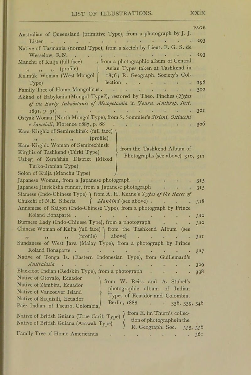 Australian of Queensland (primitive Type), from a photograph by J. J. Lister Native of Tasmania (normal Type), from a sketch by Lieut. F. G. S. de Wesselow, R.N. ■V from a photographic album of Central Asian Types taken at Tashkend in 1876; R. Geograph. Society’s Col- lection Manchu of Kulja (full face) .. » .. (profile) Kalmiik Woman (West Mongol Type) Family Tree of Homo Mongolicus Akkad of Babylonia (Mongol Type?), restored by Theo. Pinches (Types of the Early Inhabitants of Mesopotamia in Journ. Anthrop. Inst. 1891, p. 91) ... ■ Ostyak Woman (North Mongol Type), from S. Sommier’s Sirieni, Ostiacchi e Samoiedi, Florence 1887, p. 88 Kara-Kirghiz of Semirechinsk (full face) „ „ „ (profile) Kara-Kirghiz Woman of Semirechinsk Kirghiz of Tashkend (Turki Type) Uzbeg of Zerafshan District (Mixed Turko-Iranian Type) Solon of Kulja (Manchu Type) Japanese Woman, from a Japanese photograph Japanese Jinricksha runner, from a Japanese photograph »93 *93 298 300 301 306 from the Tashkend Album of Photographs (see above) 310, 312 315 315 Siamese (Indo-Chinese Type) Chukchi of N.E. Siberia from A. H. Keane’s Types of the Races of Mankind (see above) . . . .318 Annamese of Saigon (Indo-Chinese Type), from a photograph by Prince Roland Bonaparte . . . . . . . . . -320 Burmese Lady (Indo-Chinese Type), from a photograph . . . 320 Chinese Woman of Kulja (full face) J from the Tashkend Album (see .. „ ,, (profile) J above) 321 Sundanese of West Java (Malay Type), from a photograph by Prince Roland Bonaparte 327 Native of Tonga Is. (Eastern Indonesian Type), from Guillemard’s Australasia ........... 329 Blackfoot Indian (Redskin Type), from a photograph .... 338 Native of Otovalo, Ecuador \ Native of Zambira, Ecuador Native of Vancouver Island Native of Saquisili, Ecuador Paez Indian, of Tacuzo, Colombia, Native of British Guiana (True Carib Type) Native of British Guiana (Arawak Type) Family Tree of Homo Americanus from W. Reiss and A. Stiibel’s photographic album of Indian Types of Ecuador and Colombia, Berlin, 1888 . . 338, 339, 348 from E. im Thurn’s collec- tion of photographs in the R. Geograph. Soc. 355, 356 361