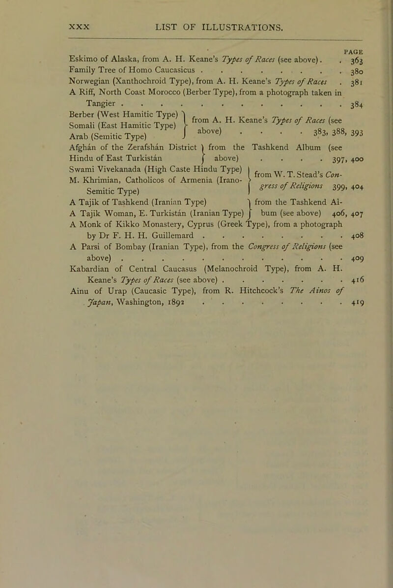 PAGE Eskimo of Alaska, from A. H. Keane’s Types of Races (see above). . 36$ Family Tree of Homo Caucasicus 380 Norwegian (Xanthochroid Type), from A. H. Keane’s Types of Races . 381 A Riff, North Coast Morocco (Berber Type), from a photograph taken in Tangier 384 Berber (West Hamitic Type) .ttt- ,, ( from A. H. Keane s Types of Races (see above) .... 383, 388, 393 from the Tashkend Album (see above) .... 397 from W. T. Stead’s Con- 400 press of Religions 399, 404 Somali (East Hamitic Type) Arab (Semitic Type) Afghan of the Zerafshan District Hindu of East Turkistan Swami Vivekanada (High Caste Hindu Type) M. Khrimian, Catholicos of Armenia (Irano- Semitic Type) A Tajik of Tashkend (Iranian Type) ) from the Tashkend Al- A Tajik Woman, E. Turkistan (Iranian Type) J bum (see above) 406, 407 A Monk of Kikko Monastery, Cyprus (Greek Type), from a photograph by Dr F. H. H. Guillemard 408 A Parsi of Bombay (Iranian Type), from the Congress of Religions (see above) 409 Kabardian of Central Caucasus (Melanochroid Type), from A. H. Keane’s Types of Races (see above) 416 Ainu of Urap (Caucasic Type), from R. Hitchcock’s The Aims of Japan, Washington, 1892 419