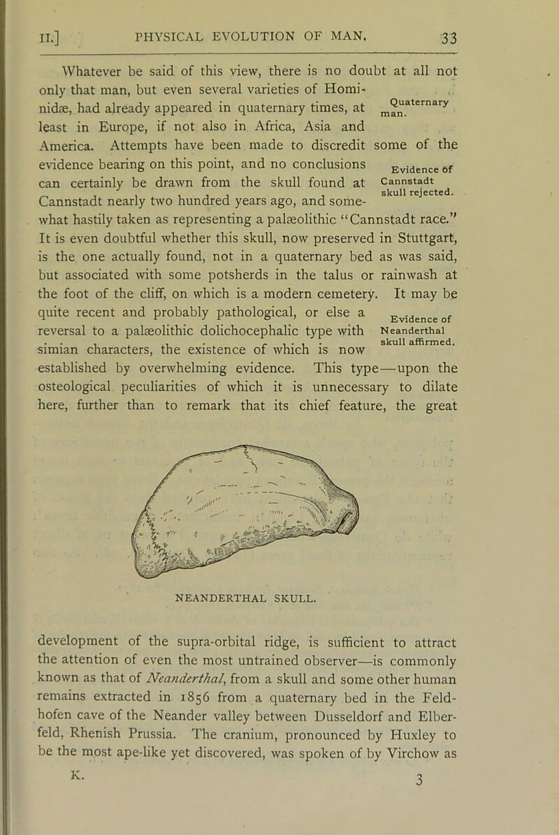 Whatever be said of this view, there is no doubt at all not only that man, but even several varieties of Homi- nidae, had already appeared in quaternary times, at least in Europe, if not also in Africa, Asia and .America. Attempts have been made to discredit some of the evidence bearing on this point, and no conclusions Evidence tf can certainly be drawn from the skull found at Cannstadt „ ,,,11 , skull rejected. Cannstadt nearly two hundred years ago, and some- what hastily taken as representing a palaeolithic “Cannstadt race.” It is even doubtful whether this skull, now preserved in Stuttgart, is the one actually found, not in a quaternary bed as was said, but associated with some potsherds in the talus or rainwash at the foot of the cliff, on which is a modern cemetery. It may be quite recent and probably pathological, or else a Evidence of reversal to a palaeolithic dolichocephalic type with Neanderthal . . , , . . ^ . skull affirmed. Simian characters, the existence of which is now established by overwhelming evidence. This type—upon the osteological peculiarities of which it is unnecessary to dilate here, further than to remark that its chief feature, the great NEANDERTHAL SKULL. development of the supra-orbital ridge, is sufficient to attract the attention of even the most untrained observer—is commonly known as that of Neanderthal, from a skull and some other human remains extracted in 1856 from a quaternary bed in the Feld- hofen cave of the Neander valley between Dusseldorf and Elber- feld, Rhenish Prussia. The cranium, pronounced by Huxley to be the most ape-like yet discovered, was spoken of by Virchow as K. 3