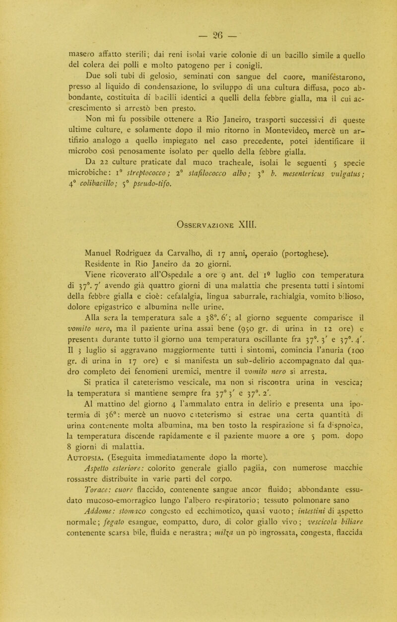 masero affatto sterili; dai reni isolai varie colonie di un bacillo simile a quello del colera dei polli e molto patogeno per i conigli. Due soli tubi di gelosio, seminati con sangue del cuore, manifestarono, presso al liquido di condensazione, lo sviluppo di una cultura diffusa, poco ab- bondante, costituita di bacilli identici a quelli della febbre gialla, ma il cui ac- crescimento si arrestb ben presto. Non mi fu possibile ottenere a Rio Janeiro, trasporti successivi di queste ultime culture, e solamente dopo il mio ritorno in Montevideo, mercfe un ar- tifizio analogo a quello impiegato nel caso precedente, potei identificare il microbo cost penosamente isolato per quello della febbre gialla. Da 22 culture praticate dal muco tracheale, isolai le seguenti 5 specie microbiche: i® streptococco; 2° stafilococco alho; 3® b. mesentericus viilgatus; 4® coUbacillo; 5° pseudo-tifo. OSSERVAZIONE XIII. Manuel Rodriguez da Carvalho, di 17 anni, operaio (portoghese). Residente in Rio Janeiro da 20 giorni. Viene ricoverato all’Ospedale a ore 9 ant. del luglio con temperatura di 37°. 7' avendo gia quattro giorni di una malattia che presenta tutti i sintomi della febbre gialla e doe: cefalalgia, lingua saburrale, rachialgia, vomito bilioso, dolore epigastrico e albumina nclle urine. Alla sera la temperatura sale a 38®. 6'; al giorno seguente comparisce il vomito nero^ ma il paziente urina assai bene (950 gr. di urina in 12 ore) e presenta durante tutto il giorno una temperatura oscillante fra 37^.3' e 37^.4'. Il 3 luglio si aggravano maggiormente tutti i sintomi, comincia I’anuria (100 gr. di urina in 17 ore) e si manifesta un sub-delirio accompagnato dal qua- dro completo dei fenomeni uremici, mentre il vomito nero si arresta. Si pratica il cateterismo vescicale, ma non si riscontra urina in vescica; la temperatura si mantiene sempre fra 37“ 3' e 37“. 2'. Al mattino del giorno 4 I’ammalato entra in delirio e presenta una ipo- termia di 36®: merc6 un nuovo citeterismo si estrae una certa quantita di urina contenente molta albumina, ma ben tosto la respirazione si fa d’spnoica, la temperatura discende rapidamente e il paziente muore a ore 5 pom. dopo 8 giorni di malattia. Autopsia. (Eseguita immediatamente dopo la morte). Aspetto esteriore: colorito generale giallo pagiia, con numerose macchie rossastre distribuite in varie parti del corpo. Tor ace: cuore flaccido, contenente sangue ancor fluido; abbondante essu- dato mucoso-emorragico lungo I’albero respiratorio; tessuto polmonare sano Addome: sto)naco congesto ed ecchimotico, quasi vuoto; m/i-’y/int di aspetto normale;esangue, eompatto, duro, di color giallo vivo; vescicola biliare contenente scarsa bile, fluida e nerastra; milia un p6 ingrossata, congesta, flaccida