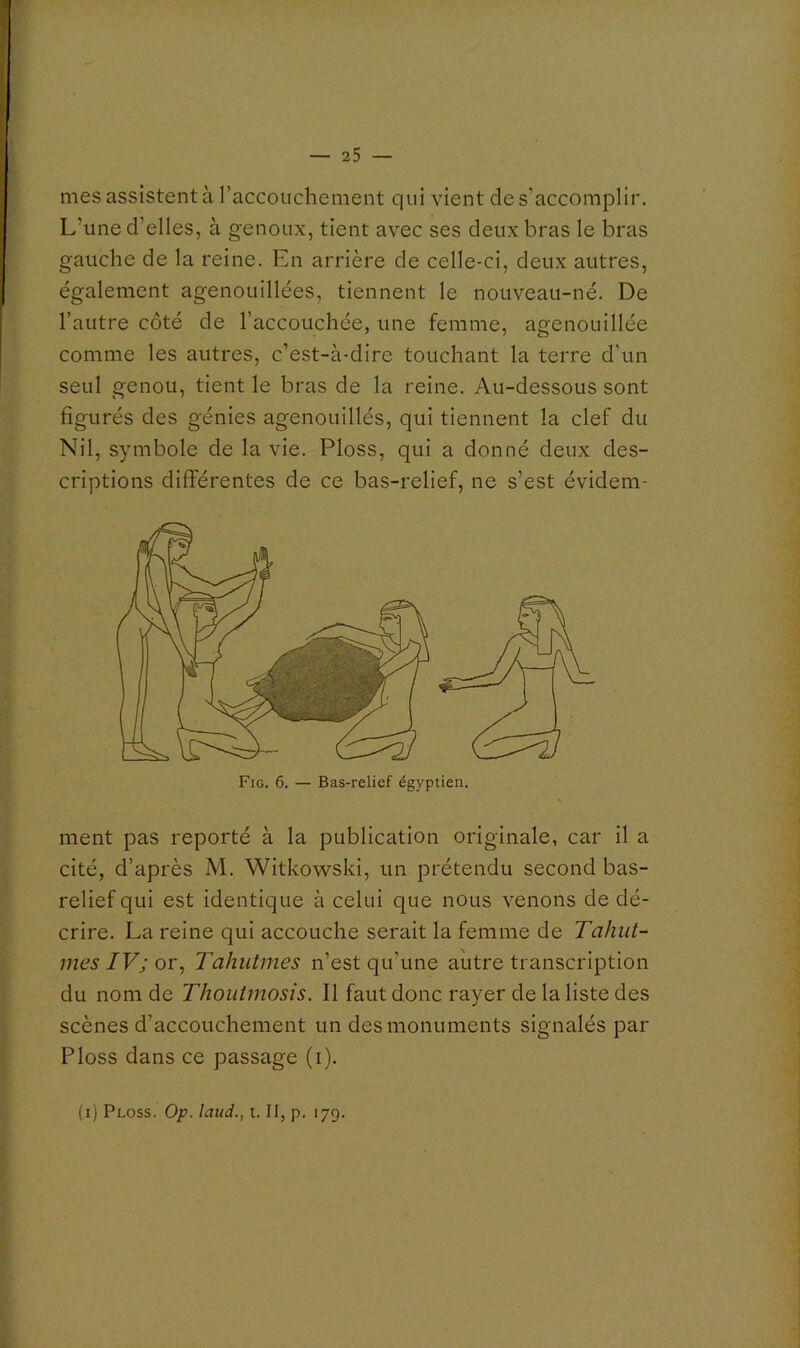 mes assistent à l’accouchement qui vient de s'accomplir. L’une d’elles, à genoux, tient avec ses deux bras le bras gauche de la reine. En arrière de celle-ci, deux autres, également agenouillées, tiennent le nouveau-né. De l’autre côté de l’accouchée, une femme, agenouillée comme les autres, c’est-à-dire touchant la terre d’un seul genou, tient le bras de la reine. Au-dessous sont figurés des génies agenouillés, qui tiennent la clef du Nil, symbole de la vie. Ploss, qui a donné deux des- criptions différentes de ce bas-relief, ne s’est évidem- Fig. 6. — Bas-relief égyptien. ment pas reporté à la publication originale, car il a cité, d’après M. Witkowski, un prétendu second bas- relief qui est identique à celui que nous venons de dé- crire. La reine qui accouche serait la femme de Tahut- mes IV; Tahutmes n’est qu’une autre transcription du nom de Thoiitmosis. Il faut donc rayer de la liste des scènes d’accouchement un des monuments signalés par Ploss dans ce passage (i).