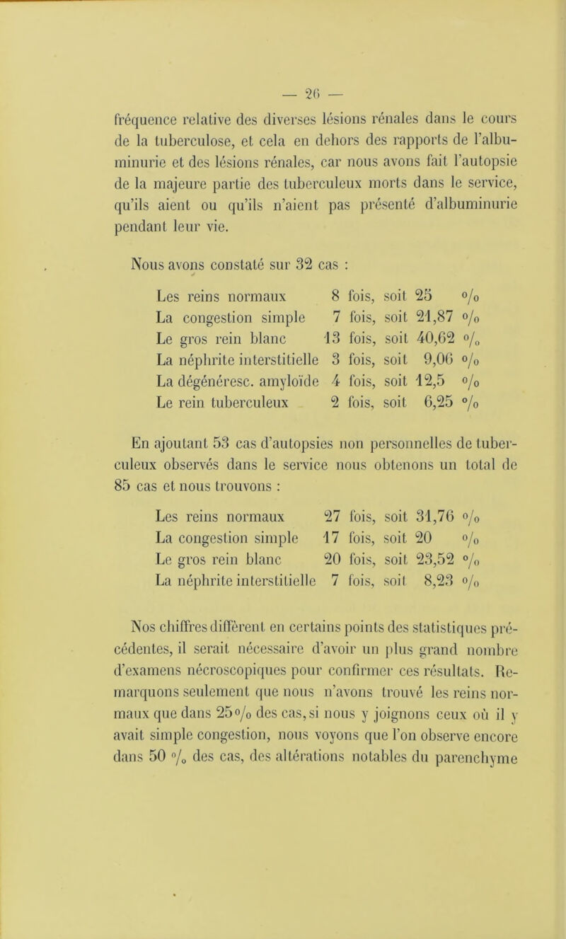 fréquence relative des diverses lésions rénales dans le cours de la tuberculose, et cela en dehors des rapports de l’albu- minurie et des lésions rénales, car nous avons fait l’autopsie de la majeure partie des tuberculeux morts dans le service, qu’ils aient ou qu’ils n’aient pas présenté d’albuminurie pendant leur vie. Nous avons constaté sur 32 cas : Les reins normaux 8 fois, soit 25 % La congestion simple 7 fois, soit 21,87 o/0 Le gros rein blanc 13 fois, soit 40,62 °/„ La néphrite interstitielle 3 fois, soit 9,00 o/0 La dégénéresc. amyloïde 4 fois, soit 12,5 o/0 Le rein tuberculeux 2 fois, soit 6,25 °/0 En ajoutant 53 cas d’autopsies non personnelles de tuber- culeux observés dans le service nous obtenons un total de 85 cas et nous trouvons : Les reins normaux 27 fois, soit 31,76 °/0 La congestion simple 17 fois, soit 20 °/0 Le gros rein blanc 20 fois, soit 23,52 °/0 La néphrite interstitielle 7 fois, soit 8,23 o/0 Nos chiffres diffèrent en certains points des statistiques pré- cédentes, il serait nécessaire d’avoir un plus grand nombre d’examens nécroscopiques pour confirmer ces résultats. Re- marquons seulement que nous n’avons trouvé les reins nor- maux que dans 25°/0 des cas,si nous y joignons ceux où il y avait simple congestion, nous voyons que l’on observe encore dans 50 % des cas, des altérations notables du parenchyme