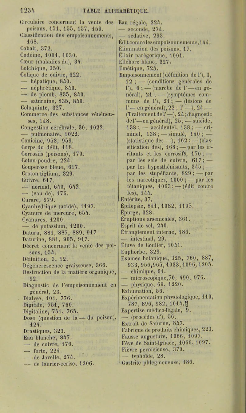 Circulaire concernant la vente des poisons, 151, 155, 157, 159. Classification des empoisonnements, 168. Cobalt, 372. Codéine, 1001, 1030. Cœur (maladies du), 3^. Colchique, 350. Colique de cuivre, 622. — hépatique, 840. — néphrétique, 840. — de plomb, 835, 840. — saturnine, 835, 840. Coloquinte, 327. Commerce des substances vénéneu- ses, 148. Congestion cérébrale, 30, 1022. — pulmonaire, 1022. Conicine, 953, 959. Corps du délit, 118. Corrosifs (poisons), 170. Coton-poudre, 224. Couperose bleue, 617. Croton tiglium, 329. Cuivre, 617. — normal, 640, 642. — (eau de), 176. Curare, 979. Cyanhydrique (acide), 1197. Cyanure de mercure, 654. Cyanures, 1200. — de potassium, 1200. Dalura, 881, 887, 889, 917 Daturine, 881, 905, 917. Décret concernant la vente des poi- sons, 154. Définition, 3, 12. Dégénérescence graisseuse, 366. Destruction de la matière organique, 92. Diagnostic de l'empoisonnement en général, 23. Dialyse, 101, 776. Digitale, 751, 760. Digitaline, 751, 765. Dose (question de la — du poison), 124. Drastiques, 323. Eau blanche, 847. — de cuivre, 176. — forte, 224. — de Javelle, 274. — de laurier-cerise, 1206. Eau régale, 224. — seconde, 274. — sédative, 293. Édit contre lesempoisomienients, 144. Élimination des poisons, 17, Élixir parégorique, 1001. Ellébore blanc, 327. Émétique, 725. Empoisonnement (définition de 1'), 3, 12 ; — (conditions générales de 1'), 6 ; — (marche de 1'—en gé- néral), 21 ; — (symptômes com- muns de r), 21 ; — (lésions de r— en général), 22 ; 1' —), 24.— (Traitement de r—), 24; diagnostic del*—en général), 25;—suicide, 138 ; — accidentel, 138 ; — cri- minel, 138; — simulé, 140; — (statistique des —), 162 ; — (clas- sification des), 168; — par les ir- ritants et les corrosifs, 170; — par les sels de cuivre, 617; — par les hyposthénisants, 345; — par les stupéfiants, 829 ; — par les narcotiques, 1000 ; —par les tétaniques, 1063; — (édit contre les), 144. Entérite, 37. Épilepsie, 841, 1082, 1195. Épurge, 328. Éruptions arsenicales, 361. Esprit de sel, 240. Étranglement interne, 186. —- intestinal, 29. Étuve de Coulier, 1041. Euphorbe, 329. Examen botanique, 325, 760, 887, 933,956,965, 1033, 1096, 1205. — chimique, 61. — microscopique,70, 490, 976. — physique, 69, 1220. Exhumation, 56. Expérimentation physiologique, 110, 787, 896, 982, 1014.?] Expertise médico-légale, 9. — (procédés d'), 56. Extrait de Saturne, 847. Fabrique de produits chimiques, 223. Fausse angusture, 1066, 1097. Fève de Saint-Ignace, 1066, 1097. Fièvre pernicieuse, 370. — typhoïde, 28. Gastrite phlegmoneusc, 186.