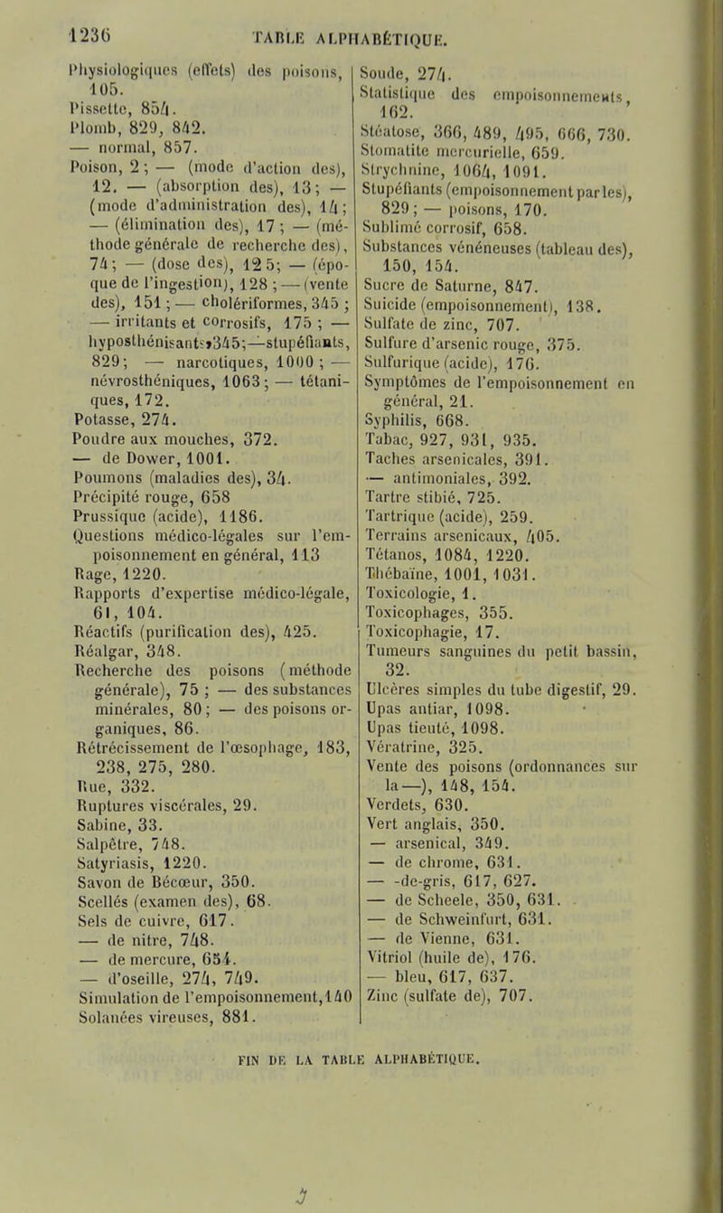 l'iiysiologiquos (cfTots) des poisons, 105. Pisseltc, 85/|. l'iomb, 829, 8/i2. — normal, 857. Poison, 2 ; — (modo d'action des), 12. — (absorption des), 13; — (mode d'administration des), IZi; — (élimination des), 17 ; — (mé- thode générale de recherche des), 74; — (dose des), 12 5; — (épo- que de l'ingestion), 128 ; — (vente des), 151 ; — cholériformes, 345 ; — irritants et corrosifs, 175 ; — hyposthénisants»3/i5;—stupéfiynts, 829; — narcotiques, 1000 ;— névrosthéniques, 1063; — tétani- ques, 172. Potasse, 274. Poudre aux mouches, 372. — de Dower, 1001. Poumons (maladies des), 3Z|. Précipité rouge, 658 Prussiquc (acide), 1186. Questions médico-légales sur l'em- poisonnement en général, 113 Rage, 1220. Rapports d'expertise médico-légale, 61, 104. Réactifs (purification des), 425. Réalgar, 348. Recherche des poisons (méthode générale), 75 ; — des substances minérales, 80 ; — des poisons or- ganiques, 86. Rétrécissement de l'œsophage, 183, 238, 275, 280. Rue, 332. Ruptures viscérales, 29. Sabine, 33. Salpêtre, 748. Satyriasis, 1220. Savon de Récœur, 350. Scellés (examen des), 68. Sels de cuivre, 617. — de nitre, 748. — de mercure, 65i. — d'oseille, 27/|, 7/i9. Simulation de l'empoisonnement,140 Solanées vireuses, 881. Soude, 27/|. Statistique des empnisonnemcMls 162. Stéatose, 360, 489, /|95, 066, 730. Stomatite morcurielle, 659. Strychnine, 106Zi, 1091. Stupéfiants (empoisonnement parles), 829; — iioisons, 170. Sublimé corrosif, 658. Substances vénéneuses (tableau des), 150, 154. Sucre de Saturne, 847. Suicide (empoisonnement!, 138. Sulfate de zinc, 707. Sulfure d'arsenic rouge, 375. Sulfurique (acide), 176. Symptômes de l'empoisonnement en général, 21. Syphilis, 668. Tabac, 927, 931, 935. Taches arsenicales, 391. — antimoniales, 392. Tartre stibié, 725. Tartrique (acide), 259. Terrains arsenicaux, Z|05. Tétanos, 1084, 1220. Thébaine, lOOi, 1031. Toxicologie, 1. Toxicophages, 355. Toxicophagie, 17. Tumeurs sanguines du petit bassin, 32. Ulcères simples du tube digestif, 29. Upas antiar, 1098. Lpas tieuté, 1098. Vcratrine, 325. Vente des poisons (ordonnances sur la—), 148, 154. Verdets, 630. Vert anglais, 350. — arsenical, 349. — de chrome, 631. de-gris, 617, 627. — de Scheele, 350, 631. . — de Schweinfurt, 631. — de Vienne, 631. Vitriol (huile de), 176. — bleu, 617, 637. Zinc (sulfate de), 707. FIN DK LA TABLE ALl'HABÉTIUUE.
