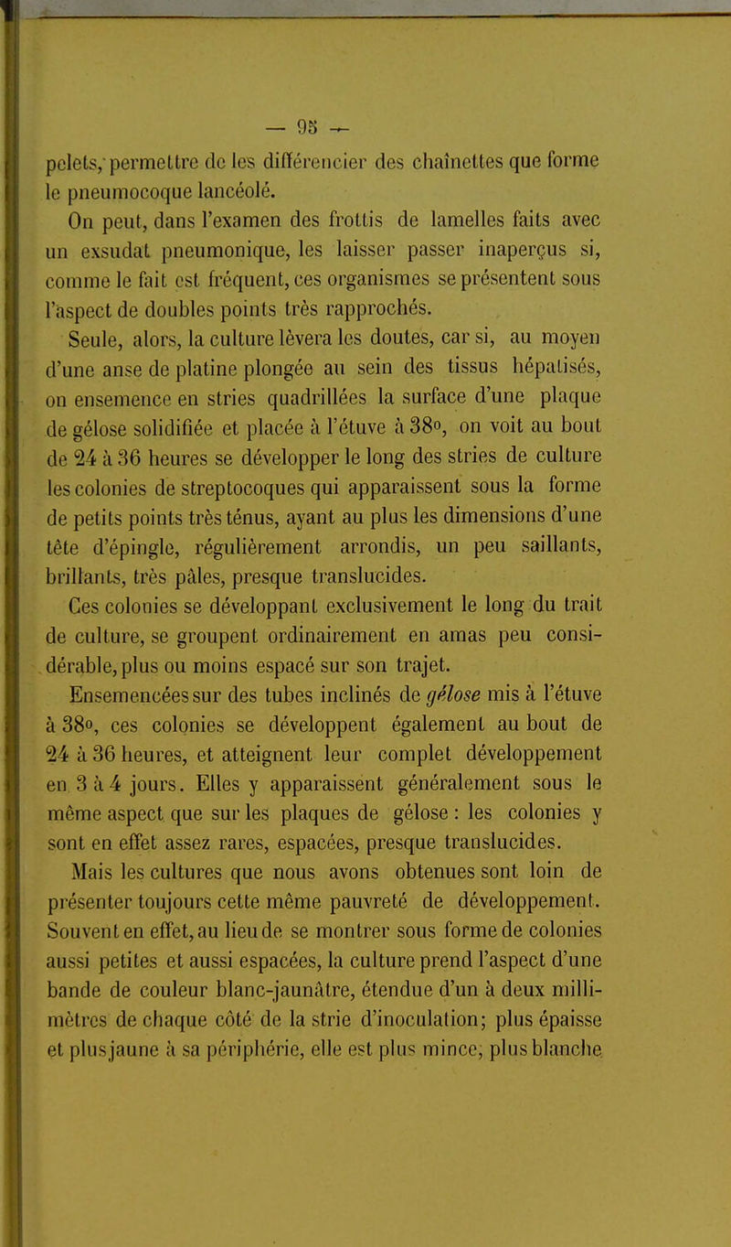 pelets, permettre de les difïérencier des cliaîncttes que forme le pneumocoque lancéolé. On peut, dans l'examen des frottis de lamelles faits avec un exsudât pneumonique, les laisser passer inaperçus si, comme le fait est fréquent, ces organismes se présentent sous l'aspect de doubles points très rapprochés. Seule, alors, la culture lèvera les doutes, car si, au moyen d'une anse de platine plongée au sein des tissus hépatisés, on ensemence en stries quadrillées la surface d'une plaque de gélose solidifiée et placée à l'étuve à 38o, on voit au bout de 24 à 36 heures se développer le long des stries de culture les colonies de streptocoques qui apparaissent sous la forme de petits points très ténus, ayant au plus les dimensions d'une tête d'épingle, régulièrement arrondis, un peu saillants, brillants, très pâles, presque translucides. Ces colonies se développant exclusivement le long du trait de culture, se groupent ordinairement en amas peu consi- dérable, plus ou moins espacé sur son trajet. Ensemencées sur des tubes inclinés de gélose mis à l'étuve à 38», ces colonies se développent également au bout de 24 à 36 heures, et atteignent leur complet développement en 3 à4 jours. Elles y apparaissent généralement sous le même aspect que sur les plaques de gélose : les colonies y sont en effet assez rares, espacées, presque translucides. Mais les cultures que nous avons obtenues sont loin de présenter toujours cette même pauvreté de développement. Souvent en effet, au lieu de se montrer sous forme de colonies aussi petites et aussi espacées, la culture prend l'aspect d'une bande de couleur blanc-jaunâtre, étendue d'un à deux milli- mètres de chaque côté de la strie d'inoculation; plus épaisse et plusjaune à sa périphérie, elle est plus mince, plus blanche