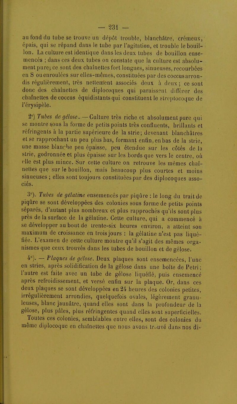 au fond du tube se trouve un dépôt trouble, blanchAtrc, crémeux, épais, qui se répand dans le tube par l'agifation, et trouble le bouil- lon. La culture est identique dans les deux tubes de bouillon ense- mencés ; dans ces deux tubes on constate que la culture est absolu- ment pure; ce sont des chaînettes fort longues, sinueuses, recourbées en S ou enroulées sur elles-mêmes, constituées par des coccus arron- dis régulièrement, très nettem'ent associés deux h deux ; ce sont donc des chaînettes de diplocoques qui paraissent diiïércr des chaînettes de coccus équidislantsqui constituent le streptocoque de l'érysipèle. 2°) Tubes degélose. —Cuhm'e très riche et absolument pure qui se montre sous la forme de petits points très confluents, brillants et réfringents à la partie supérieure de la strie; devenant blanchâtres et se rapprochant un peu plus bas, formant enfin, en bas de la strie, une masse blanche peu épaisse, peu étendue sur les côtés de la strie, godronnée et plus épaisse sur les bords que vers le centre, oii elle est plus mince. Sur cette culture on retrouve les mêmes chaî- nettes que sur le bouillon, mais beaucoup plus courtes et moins sinueuses ; elles sont toujours constituées par des diplocoques asso- ciés. 3°). Tubes de gélatine ensemencés par piqûre : le long du trait de piqûre se sont développées des colonies sous forme de petits points séparés, d'autant plus nombreux et plus rapprochés qu'ils sont plus près de la surface de la gélatine. Cette culture, qui a commencé à se développer au bout de irente-six heures environ, a atteint son maximum de croissance en trois jours : la gélatine n'est pas liqué- fiée. L'examen de cette culture montre qu'il s'agit des mêmes orga- nismes que ceux trouvés dans les tubes de bouillon et de gélose. 4°). — Plaques de gélose. Deux plaques sont ensemencées, l'une en stries, après solidification de la gélose dans une boîte de Pétri; l'autre est faite avec un tube de gélose liquéfié, puis ensemencé après refroidissement, et versé enfin sur la plaque. Or, dans ces deux plaques se sont développées en 24 heures des colonies petites, irrégulièrement arrondies, quelquefois ovales, légèrement granu- leuses, blanc jaunâtre, quand elles sont dans la profondeur de la gélose, plus pâles, plus réfringentes quand elles sont superficielles. Toutes ces colonies, semblables entre elles, sont des colonies du même diplocoquc en chaînettes que nous avons tr.-uvé dans nos di-