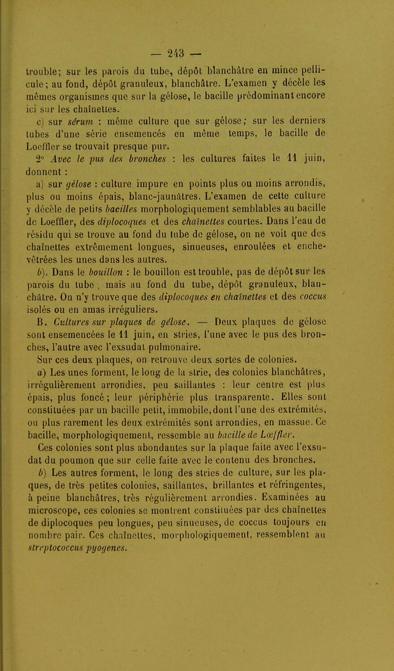 trouble; sur les parois du tube, dépôt blanchâtre en mince pelli- cule; au fond, dépôt granuleux, blanchâtre. L'examen y décèle les mêmes organismes que sur la gélose, le bacille prédominant encore ici sur les chaînettes. c) sur sérum : même culture que sur gélose; sur les derniers lubes d'une série ensemencés en même temps, le bacille de Loet'tter se trouvait presque pur. 2 Avec le pm des bronches : les cultures faites le 11 juin, donnent : a) sur gélose : culture impure en points plus ou moins arrondis, plus ou moins épais, blanc-jaunâtres. L'examen de cette culture y décèle de petits bacilles morphologiquement semblables au bacille de Loeffler, des diplocoques et des chaînettes courtes. Dans l'eau de résidu qui se trouve au fond du tube de gélose, on ne voit que dos chaînettes extrêmement longues, sinueuses, enroulées et enche- vêtrées les unes dans les autres. b) . Dans le bouillon : le bouillon est trouble, pas de dépôt sur les parois du tube , mais au fond du tube, dépôt granuleux, blan- châtre. On n'y trouve que des diplocoques eu chaînettes et des coccus isolés ou en amas irréguliers. B. Cultures sur plaques de gélose. — Deux plaques de gélose sont ensemencées le 11 juin, en stries, l'une avec le pus des bron- ches, l'autre avec l'exsudal pulmonaire. Sur ces deux plaques, on retrouve deux sortes de colonies. a) Les unes forment, le long de la strie, des colonies blanchâtres, irrégulièrement arrondies, peu saillantes : leur centre est plus épais, plus foncé; leur périphérie plus transparente. Elles sont constituées par un bacille petit, immobile, dont l'une des extrémités, ou plus rarement les deux extrémités sont arrondies, en massue. Ce bacille, morphologiquement, ressemble au bacille de Loijfler. Ces colonies sont plus abondantes sur la plaque faite avec l'exsu- dat du poumon que sur celle faite avec le contenu des bronches. b) Les autres forment, le long des stries de culture, sur les pla- ques, de très petites colonies, saillantes, brillantes et réfringentes, à peine blanchâtres, très régulièrement arrondies. Examinées au microscope, ces colonies se montrent constituées par des chaînettes de diplocoques peu longues, peu sinueuses, de coccus toujours en nombre pair. Ces chnîneltes, morphologiquement, ressemblant au strcptococcus pyogenes.