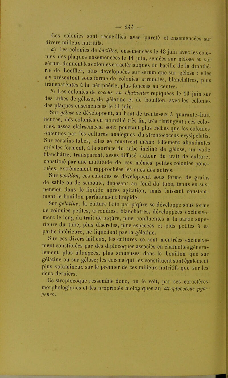 Ces colonies sont recueillies avec pureté et ensemencées sur divers milieux nutritifs. a) Les colonies de bacilles, ensemencées le 13 juin avec les colo- nies des plaques ensemencées le M juin, semées sur gélose et sur sérum, donnentles colonies caractéristiques du bacille de la diphilié- rib de Loeffler, plus développées sur sérum que sur gélose : elles s'y présentent sous forme de colonies arrondies, blanchâtres, plus transparentes à la périphérie, plus foncées au centre. b) Les colonies de coccus en chaînettes repiquées le 13 juin sur des tubes de gélose, de gélatine et de bouillon, avec les colonies des plaques ensemencées le il juin. Sur gélose se développent, au bout de trente-six à quarante-huit heures, dés colonies en pointillé très fin, très réfringent; ces colo- nies, assez clairsemées, sont pourtant plus riches que les colonico obtenues par les cultures analogues du streptococcus erysipelatis. Sur certains tubes, elles se montrent même tellement abondantes qu'elles forment, à la surface du tube incliné de gélose, un voile blanchâtre, transparent, assez diffusé autour du trait de culture, constitué par une multitude de ces mêmes petites colonies ponc- tuées, extrêmement rapprochées les unes des autres. Sur bouillon, ces colonies se développent sous forme de grains de sable ou de semoule, déposant au fond du tube, tenus en sus- pension dans le liquide après agitation, mais laissant constam- ment le bouillon parfaitement limpide. 8\ir gélatine, la culture faite par piqtlre se développe sous forme de colonies petites, arrondies, blanchâtres, développées exclusive- ment le long du trait de piqûre, plus confluentes à la partie supé- rieure du tube, plus discrètes, plus espacées et plus petites à sa partie inférieure, ne liquéfiant pas la gélatine. Sur ces divers milieux, les cultures se sont montrées exclusive- ment constituées par des diplocoques associés en chaînettes généra- lement plus allongées, plus sinueuses dans le bouillon que sur gélatine ou sur gélose; les coccus qui les constituent sont également plus volumineux sur le premier de ces milieux nutritifs que sur les deux derniers. Ce streptocoque ressemble donc, ou le voit, par ses caractères morphologiques et les propriétés biologiques au streptococcus pyo- genes.
