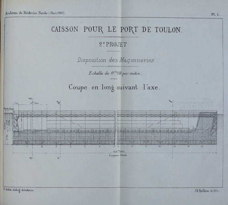 .Arcîlivep de Médecine îîâvale (Mars 1880). r CAISSON POUI\ LE P01\T DE TOULON 2PROJET Disposition des Mcbçonneries ]Lavale t/e 0^,^08par mèlre . Coupe en lonè suivant l'axe. ê PL 1