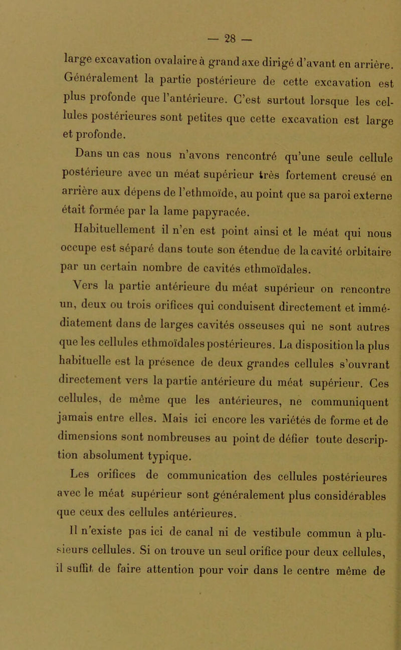 large excavation ovalaire à grand axe dirigé d’avant en arrière. Généralement la partie postérieure de cette excavation est plus profonde que l’antérieure. C’est surtout lorsque les cel- lules postérieures sont petites que cette excavation est large et profonde. Dans un cas nous n’avons rencontré qu’une seule cellule postérieure avec un méat supérieur très fortement creusé en arrière aux dépens de l’ethmoïde, au point que sa paroi externe était formée par la lame papyracée. Habituellement il n’en est point ainsi et le méat qui nous occupe est séparé dans toute son étendue de la cavité orbitaire par un certain nombre de cavités ethmoïdales. \ ers la partie antérieure du méat supérieur on rencontre un, deux ou trois orifices qui conduisent directement et immé- diatement dans de larges cavités osseuses qui ne sont autres que les cellules ethmoïdales postérieures. La disposition la plus habituelle est la présence de deux grandes cellules s’ouvrant directement vers la partie antérieure du méat supérieur. Ces cellules, de même que les antérieures, ne communiquent jamais entre elles. Mais ici encore les variétés de forme et de dimensions sont nombreuses au point de défier toute descrip- tion absolument typique. Les orifices de communication des cellules postérieures avec le méat supérieur sont généralement plus considérables que ceux des cellules antérieures. Il n’existe pas ici de canal ni de vestibule commun à plu- sieurs cellules. Si on trouve un seul orifice pour deux cellules, il suffit de faire attention pour voir dans le centre même de