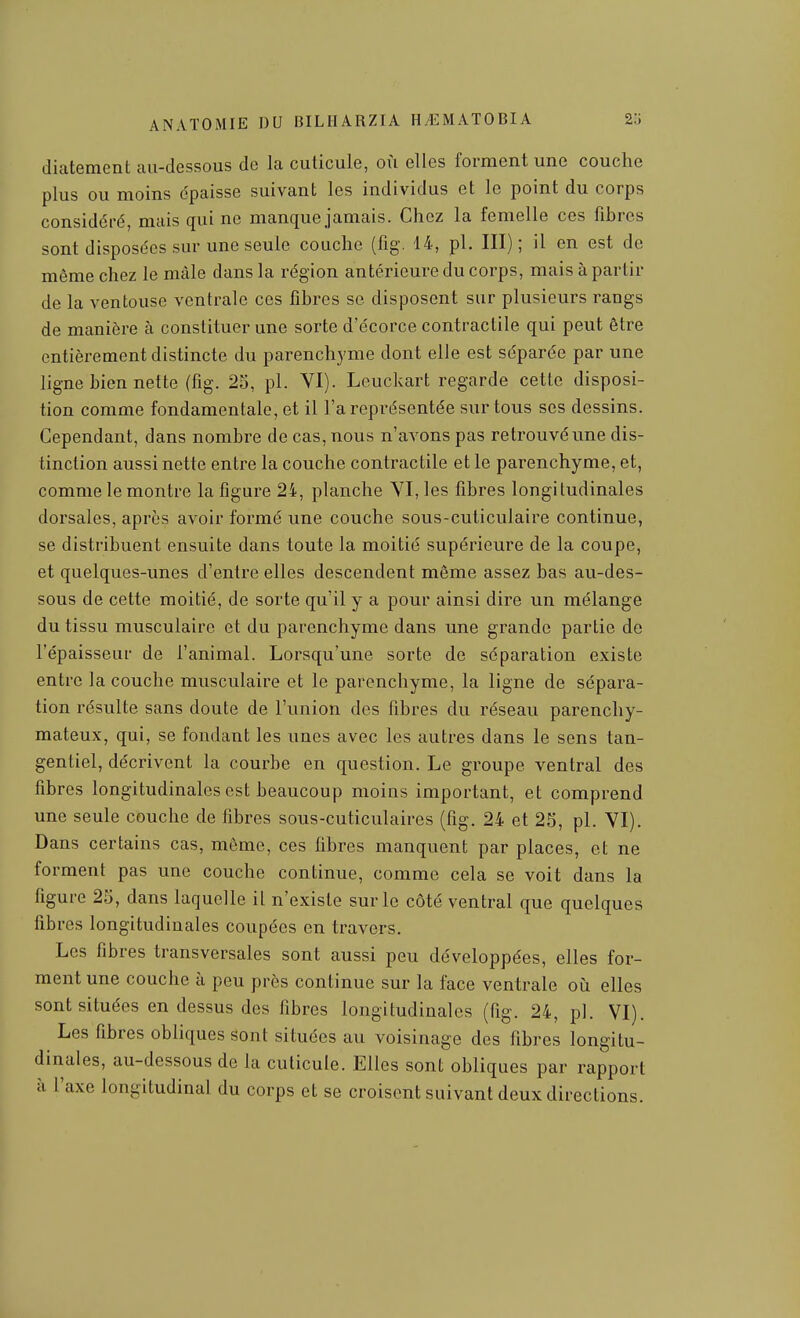 diatement au-dessous de la cuticule, où elles forment une couche plus ou moins dpaisse suivant les individus et le point du corps considéré, mais qui ne manque jamais. Chez la femelle ces fibres sont disposées sur une seule couche (fig. 14, pl. III); il en est de même chez le mâle dans la région antérieure du corps, mais à partir de la ventouse ventrale ces fibres se disposent sur plusieurs rangs de manière à constituer une sorte d'écorce contractile qui peut être entièrement distincte du parenchyme dont elle est séparée par une ligne bien nette (fig. 25, pl. VI). Leuckart regarde cette disposi- tion comme fondamentale, et il l'a représentée sur tous ses dessins. Cependant, dans nombre de cas, nous n'avons pas retrouvé une dis- tinction aussi nette entre la couche contractile et le parenchyme, et, comme le montre la figure 24, planche YI, les fibres longitudinales dorsales, après avoir formé une couche sous-cuticulaire continue, se distribuent ensuite dans toute la moitié supérieure de la coupe, et quelques-unes d'entre elles descendent même assez bas au-des- sous de cette moitié, de sorte qu'il y a pour ainsi dire un mélange du tissu musculaire et du parenchyme dans une grande partie do l'épaisseur de l'animal. Lorsqu'une sorte de séparation existe entre la couche musculaire et le parenchyme, la ligne de sépara- tion résulte sans doute de l'union des fibres du réseau parenchy- mateux, qui, se fondant les unes avec les autres dans le sens tan- gentiel, décrivent la courbe en question. Le groupe ventral des fibres longitudinales est beaucoup moins important, et comprend une seule couche de fibres sous-cuticulaires (fig. 24 et 25, pl. VI). Dans certains cas, même, ces fibres manquent par places, et ne forment pas une couche continue, comme cela se voit dans la figure 25, dans laquelle il n'existe sur le côté ventral que quelques fibres longitudinales coupées en travers. Les fibres transversales sont aussi peu développées, elles for- ment une couche à peu près continue sur la face ventrale où elles sont situées en dessus des fibres longitudinales (fig. 24, pl. VI). Les fibres obliques sont situées au voisinage des fibres longitu- dinales, au-dessous de la cuticule. Elles sont obliques par rapport à l'axe longitudinal du corps et se croisent suivant deux directions.