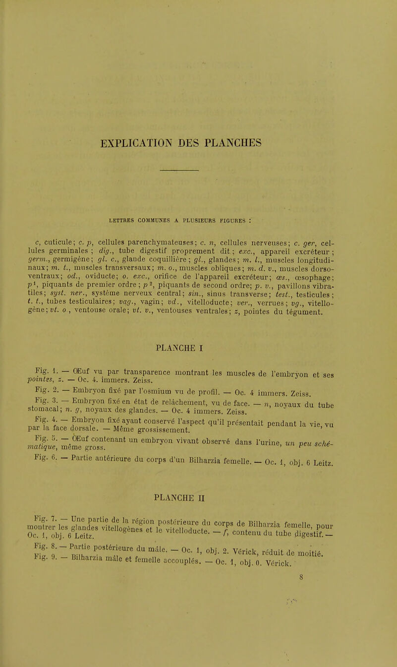LETTRES COMMUNES A PLUSIEURS FIGURES : c, cuticule; c. p, cellules parenchymateuses; c. n, cellules nerveuses; c. ger, cel- lules germinales ; dig., tube digestif proprement dit; exe, appareil excréteur; germ., germigène; gl. c, glande coquillière ; gl., glandes; m. L, muscles longitudi- naux; m. t., muscles transversaux; m. o., muscles obliques; m. d. v., muscles dorso- ventraux; od., oviducte; o. exe, orifice de l'appareil excréteur; œ*., œsopbage: pi, piquants de premier ordre; p^, piquants de second ordre; p. v., pavillons vibra- tiles; syst. ner., système nerveux central; sm., sinus transverse; test., testicules; t. t., tubes testiculaires; vag-, vagin; vd., vitelloducte; ver., verrues; vg., vitello- gèae;vt. o , ventouse orale; vl. v., ventouses ventrales; z, pointes du tégument. PLANCHE I Fig. 1. — OEuf vu par transparence montrant les muscles de l'embryon et ses pointes, z. — Oc. i. immers. Zeiss. Fig. 2. — Embryon Qx6 par l'osmium vu de profil. — Oc. i immers. Zeiss. Fig. 3 - Embryon fixé en état de relâchement, vu de face. - n, noyaux du tube stomacal; n. g, noyaux des glandes. — Oc. 4 immers. Zeiss. .^f ■ f ~ f'^^T'' ^'^f conservé l'aspect qu'il présentait pendant la vie, vu par la face dorsale. — Même grossissement. sr a vie, vu n^^u^, mêÏelr'ss!'' '''''''' «^^^ Fig. 6. _ Partie antérieure du corps d'un Bilharzia femelle. - Oc. 1, obj. 6 Leitz. PLANCHE II mSer l7s X^e^i^no^è^':^ T^Z''T ^^^^^'-'-^ f«-elle, pour Oc. 1, obj. 6 Leitz. le vitelloducte. - f, contenu du tube digestif.- fÎ l' ~ B^lf '°'''m'' - ° de moitié, iig. 9. - Bilharzia mdle et femelle accouplés. - Oc. \, obj. 0. Vérick. 8