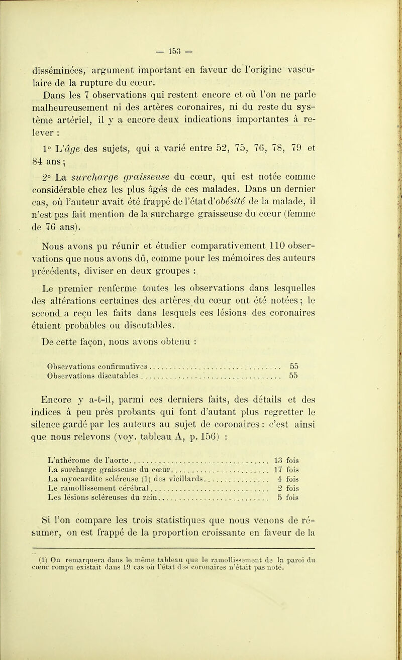 disséminées^ argument important en faveur de l'origine vascu- laire de la rupture du cœur. Dans les 7 observations qui restent encore et où l'on ne parle malheureusement ni des artères coronaires, ni du reste du sys- tème artériel, il y a encore deux indications importantes à re- lever : 1° Ij'âge des sujets, qui a varié entre 52, 75, 76, 78, 79 et 84 ans ; 2° La surcharge graisseuse du cœur, qui est notée comme considérable chez les plus âgés de ces malades. Dans un dernier cas, où l'auteur avait été frappé de Vétutd'obésité de la malade, il n'est pas fait mention de la surcharge graisseuse du cœur (femme de 76 ans). Nous avons pu réunir et étudier comparativement 110 obser- ^'ations que nous avons dû, comme pour les mémoires des auteurs précédents, diviser en deux groupes : Le premier renferme toutes les observations dans lesquelles des altérations certaines des artères du cœur ont été notées ; le second a reçu les laits dans lesquels ces lésions des coronaires étaient probables ou discutables. De cette façon, nous avons obtenu : Observations coufivmatives 55 Observations discutables 55 Encore y a-t-il, parmi ces derniers faits, des détails et des indices à peu près probants qui font d'autant plus regretter le silence gardé par les auteurs au sujet de coronaires : c'est ainsi que nous relevons (voy. tableau A, p. 156) : L'athérome de l'aorte 13 fois La surcharge graisseuse du cœur 17 fois La myocardite Bcléreuse (1) des vieillards 4 fois Le ramollissement cérébral 2 fois Les lésions scléreuses du rein. 5 fois Si l'on compare les trois statistiques que nous venons de ré- sumer, on est frappé de la proportion croissante en faveur de la (1) On remarquera dans le même tableau i[ue le ramollissamont de la paroi du cœur rompu existait dans 19 cas où l'état d is coronaires n'était pas noté.