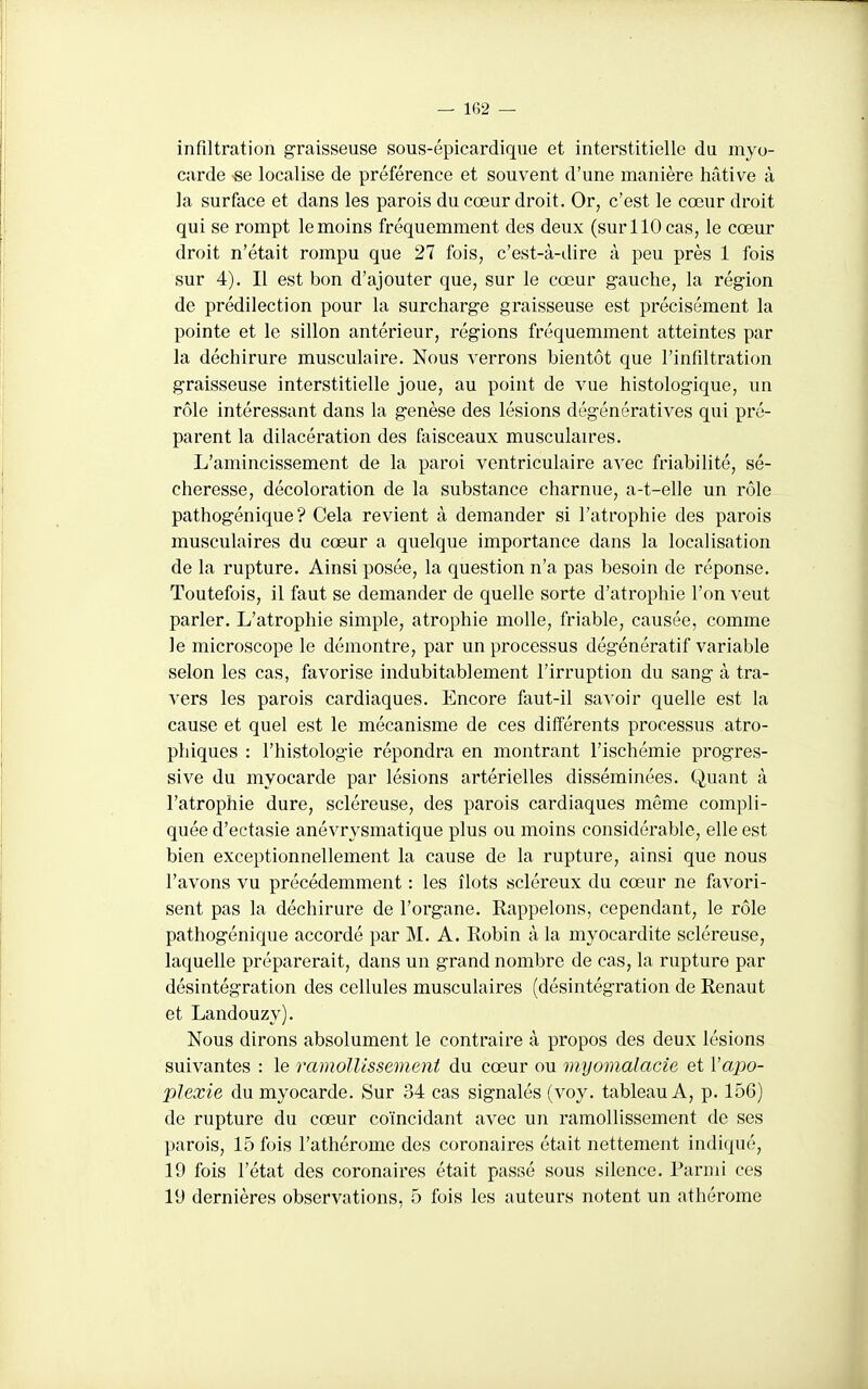 infiltration graisseuse sous-épicardique et interstitielle du myo- carde se localise de préférence et souvent d'une manière hâtive à la surface et dans les parois du cœur droit. Or, c'est le cœur droit qui se rompt le moins fréquemment des deux (surllOcas, le cœur droit n'était rompu que 27 fois, c'est-à-dire à peu près 1 fois sur 4). Il est bon d'ajouter que, sur le cœur gauche, la région de prédilection pour la surcharge graisseuse est précisément la pointe et le sillon antérieur, régions fréquemment atteintes par la déchirure musculaire. Nous verrons bientôt que l'infiltration graisseuse interstitielle joue, au point de vue histologique, un rôle intéressant dans la genèse des lésions dégénératives qui pré- parent la dilacération des faisceaux musculau'es. L'amincissement de la paroi ventriculaire avec friabilité, sé- cheresse, décoloration de la substance charnue, a-t-elle un rôle- pathogénique ? Cela revient à demander si l'atrophie des parois musculaires du cœur a quelque importance dans la localisation de la rupture. Ainsi posée, la question n'a pas besoin de réponse. Toutefois, il faut se demander de quelle sorte d'atrophie l'on veut parler. L'atrophie simple, atrophie molle, friable, causée, comme le microscope le démontre, par un processus dégénératif variable selon les cas, favorise indubitablement l'irruption du sang à tra- A'ers les parois cardiaques. Encore faut-il savoir quelle est la cause et quel est le mécanisme de ces différents processus atro- phiques : l'histologie répondra en montrant l'ischémie progres- sive du myocarde par lésions artérielles disséminées. Quant à l'atrophie dure, scléreuse, des parois cardiaques même compli- quée d'ectasie anévrysmatique plus ou moins considérable, elle est bien exceptionnellement la cause de la rupture, ainsi que nous l'avons vu précédemment : les îlots scléreux du cœur ne favori- sent pas la déchirure de l'organe. Rappelons, cependant, le rôle pathogénique accordé par M. A. Robin à la myocardite scléreuse, laquelle préparerait, dans un grand nombre de cas, la rupture par désintégration des cellules musculaires (désintégration de Renaut et Landouzy). Nous dirons absolument le contraire à propos des deux lésions suivantes : le ramollissement du cœur ou myomalacie et Vapo- plexie du myocarde. Sur 34 cas signalés (voy. tableau A, p. 156) de rupture du cœur coïncidant avec un ramollissement de ses parois, 15 fois l'athérome des coronaires était nettement indiqué, 19 fois l'état des coronaires était passé sous silence. Parmi ces 19 dernières observations, 5 fois les auteurs notent un athérome