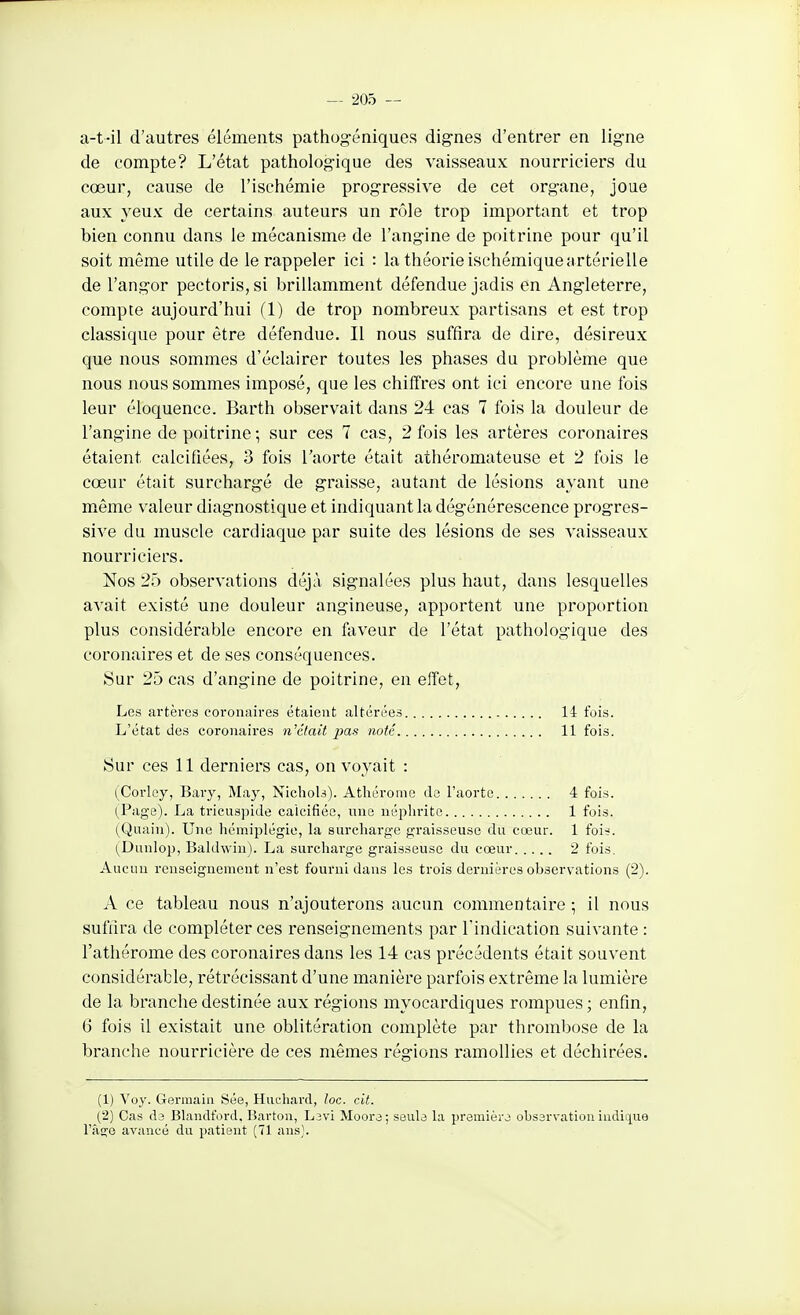 a-t-il d'autres éléments pathog-éniques dignes d'entrer en ligne de compte? L'état pathologique des vaisseaux nourriciers du cœur, cause de l'ischémie progressive de cet organe, joue aux yeux de certains auteurs un rôle trop important et trop bien connu dans le mécanisme de l'angine de poitrine pour qu'il soit môme utile de le rappeler ici : la théorie ischémique artérielle de l'angor pectoris,si brillamment défendue jadis en Angleterre, compte aujourd'hui (1) de trop nombreux partisans et est trop classique pour être défendue. Il nous suffira de dire, désireux que nous sommes d'éclairer toutes les phases du problème que nous nous sommes imposé, que les chiffres ont ici encore une fois leur éloquence. Barth observait dans 24 cas 7 fois la douleur de l'angine de poitrine ; sur ces 7 cas, 2 fois les artères coronaires étaient calcifiées, 3 fois l'aorte était athéromateuse et 2 fois le cœur était surchargé de graisse, autant de lésions ayant une même valeur diagnostique et indiquant la dégénérescence progres- sive du muscle cardiaque par suite des lésions de ses vaisseaux nourriciers. Nos 25 observations déjà signalées plus haut, dans lesquelles avait existé une douleur angineuse, apportent une proportion plus considérable encore en faveur de l'état pathologique des coronaires et de ses conséquences. Sur 25 cas d'angine de poitrine, en effet. Les artères coronaires étaient altérées 14 fois. L'état des coronaires n'était jms noté 11 fois. Sur ces 11 derniers cas, on voyait : (Corley, Bary, May, Nichols). Athéromc de l'aorte 4 fois. (Page). La tricuspide caieifiéo, une néphrite 1 fois. (Quain). Une hémiplégie, la surcharge graisseuse du cœur. 1 foi-?. (Dunlop, Baldwiu). La surcharge graisseuse du cœur 2 fois. Aucun renseignement n'est fourni dans les trois dernières observations (2). A ce tableau nous n'ajouterons aucun commentaire ; il nous suffira de compléter ces renseignements par l'indication suivante : l'athérome des coronaires dans les 14 cas précédents était souvent considérable, rétrécissant d'une manière parfois extrême la lumière de la branche destinée aux régions myocardiques rompues ; enfin, 6 fois il existait une oblitération complète par thrombose de la branche nourricière de ces mêmes régions ramollies et déchirées. (1) Voy. Germain Sée, Huchard, toc. cit. (2) Cas d3 Blandford, Bartou, Ljvi Moora; seula la premièro observation indique Vks^Q avancé du patient (71 ans\