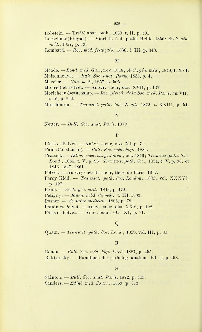 Loljstein. — Traité anat. path., 1833, t. II, p. 501. Loescliner (Prague). —Viortelj. f. d. prakt. Heilk, 1856; Ardi.gén. méd., 1857, p. 79. Lombard. — Eev. méd. française, 1836, t. III, p. 348. M Mcade. — Lond. méd. Gaz., nov. 1816: Arch.gén. méd., 1848, t. XYI. Maisonneuve. — Bull. Soc. anat. Paris, 1833, p. 4. Mercier. — Gaz. méd., 1857, p. 505. Meuriot et Pelvct. — Ancvr. cœur, obs. XVII, p. 107. Moricheau-Beauchamp. — Rec. périod. de la Soc. méd. Paris, an VII, t. V, p. 292. Murchinson. — Transact. patli. Soc. Lond., 1872, t. XXIII, p. 54. N Netter, — Bidl. Soc. anat. Paris, 1879. P Paris et Pelvet. — Auévr. cœur, obs. XI, p. 71. Paul (Constantin). —IJull. Soc. méd. hop., 1884. Peacock.—- Edinh. med. surg. Journ., oct. 1846; Transact.path. Soc. Lond., 1854, t. V, p. 98; T/-ansact. picth. Soc, 1854, t. V, p. 96, et 1846, 1847, 1861. Pelvct. — Anévrysmes du cœur, thèse de Paris, 1867. Percy Kidd. — Transact. path. Soc. London, 1885, vol. XXXVI, p. 127. Peste. — Arch. gén. méd., 1843, p. 472. Petigny. — Journ. hebd. de méd., t. III, 1833. Posner. — Semaine médicale, 1885, p. 79. l^otain et Pelvet. — Anév. cœur, obs. XXV, p. 122. Paris et Pelvet. — Anév. cœur, obs. XI, p. 71. Q Quain. — Transact. path. Soc. Lond., 1850, vol. III, p. 80. E Kendu. — Bull. Soc. méd. hôp. Paris, 1887, p. 455. Rokitansky. — Handbucli der patholog. anatom., I3d. II, p. 45S. S Sainton. — Bull. Soc. anat. Paris, 1872, p. 409. Sanders. — Edinh. med. Journ., 1869, p. 673.