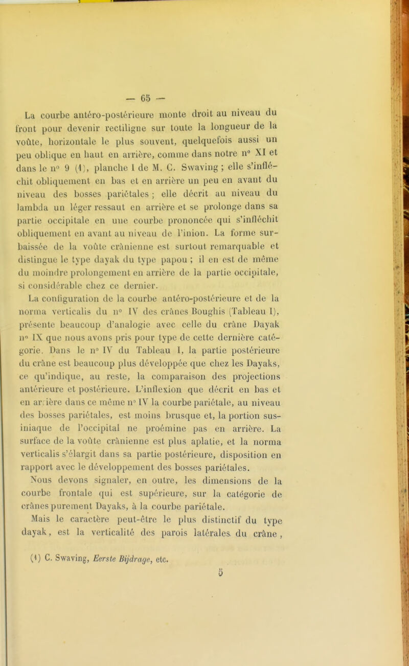La courbe antéro-postérieure monte droit au niveau du front pour devenir rectiligne sur toute la longueur de la voûte, horizontale le plus souvent, quelquefois aussi un peu oblique en haut en arrière, comme dans notre n° XI et dans le n 9 {\], planche l de M. G. Swaving ; elle s'inflé- chit obliquement en bas et en arrière un peu en avant du niveau des bosses pariétales ; elle décrit au niveau du lambda un léger ressaut en arrière et se prolonge dans sa partie occipitale en une courbe prononcée qui s'infléchit obliquement en avant au niveau de l'inion. La forme sur- baissée de la voûte crânienne est surtout remarquable et dislingue le type dayak du type papou ; il en est de même du moindre prolongement en arrière de la partie occipitale, si considérable chez ce dernier. La coniiguralion de la courbe antéro-postérieure et de la norma verticalis du n IV des crânes Boughis (Tableau I), présente beaucoup d'analogie avec celle du crtme Dayak n IX que nous avons pris pour type de cette dernière caté- gorie. Dans le n IV du Tableau I, la partie postérieure du crâne est beaucoup plus développée que chez les Dayaks, ce qu'indique, au reste, la comparaison des projections antérieure et postérieure. L'inflexion que décrit en bas et en ar. ière dans ce même n IV la courbe pariétale, au niveau des bosses pariétales, est moins brusque et, la portion sus- iniaque de l'occipital ne proéminc pas en arrière. La surface de la voûte crânienne est plus aplatie, et la norma verticalis s'élargit dans sa partie postérieure, disposition en rapport avec le développement des bosses pariétales. Nous devons signaler, en outre, les dimensions de la courbe frontale qui est supérieure, sur la catégorie de crânes purement Dayaks, à la courbe pariétale. Mais le caractère peut-être le plus distinctif du type dayak, est la verticalité des parois latérales du crâne , (4) C. Swaving, Eerste Bijdrage, etc.