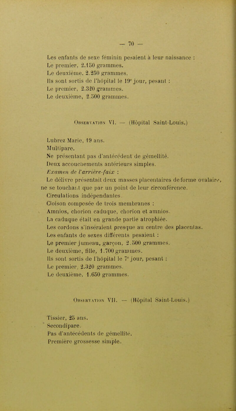 Les enfants de sexe féminin pesaient à leur naissance : Le premier, 2.150 grammes. Le deuxième, 2.250 grammes. Ils sont sortis de l'hôpital le 19° jour, pesant : Le premier, 2.320 grammes. Le deuxième, 2.500 grammes. Observation VI. — (Hôpital .Saint-Louis.) Lubrez Marie, 19 ans. Multipare. Ne présentant pas d'antécédent de gémellité. Deux accoucliements antérieurs simples. Examen de larrière-faix : Le délivre présentait deux masses placentaires déforme ovalaire, ne se toucha!.I que par un point de leur circonférence. Circulations indépendantes. Cloison composée de trois membranes : Amnios, chorion caduque, chorion et amnios. La caduque était en grande partie atrophiée. Les cordons s'inséraient presque au centre des placentas. Les enfants de sexes différents pesaient : Le premier jumeau, garçon, 2.500 grammes. Le deuxième, tille, 1.700 grammes. Ils sont sortis de l'hôpital le 7 jour, pesant : Le premier, 2.320 grammes. Le deuxième, 1.650 grammes. Obsi;rv.\tion VII. — (Hôpital Saint-Louis.) Tissier, 25 ans. .Secondipare. Pas d'antécédents de gémellité. Première grossesse simple.