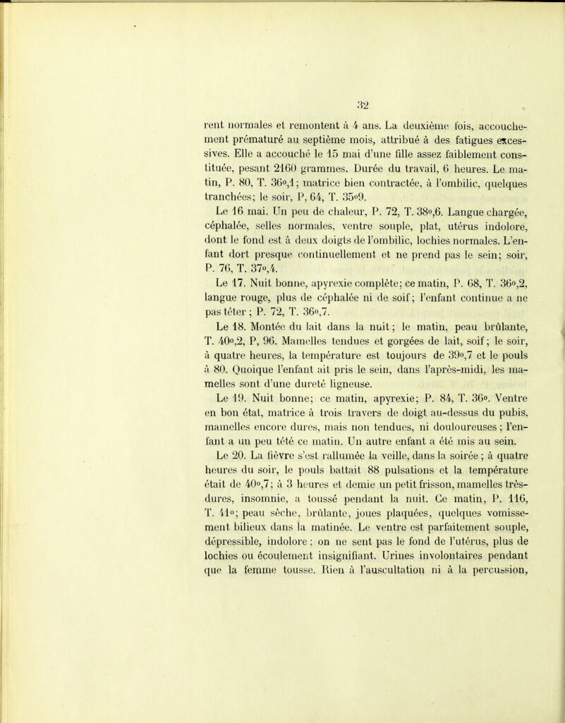 rent normales et remontent à 4 ans. La deuxième fois, accouche- ment prématuré au septième mois, attribué à des fatigues exces- sives. Elle a accouché le 15 mai d'une fille assez faiblement cons- tituée, pesant 2160 grammes. Durée du travail, 6 heures. Le ma- tin, P. 80, T. 36°,1; matrice bien contractée, à l'ombilic, quelques tranchées; le soir, P, 64, T. 35o9. Le 16 mai. Un peu de chaleur, P. 72, T. 38<>,6. Langue chargée, céphalée, selles normales, ventre souple, plat, utérus indolore, dont le fond est à deux doigts de l'ombilic, lochies normales. L'en- fant dort presque continuellement et ne prend pas le sein; soir, P. 76, T. 37o,4. Le 17. Nuit bonne, apyrexie complète; ce matin, P. 68, T. 36<>,2, langue rouge, plus de céphalée ni de soif; l'enfant continue a ne pas téter ; P. 72, T. 36o,7. Le 18. Montée du lait dans la nuit ; le matin, peau brûlante, T. 40<>,2, P, 96. Mamelles tendues et gorgées de lait, soif ; le soir, à quatre heures, la température est toujours de 39«,7 et le pouls à 80. Quoique l'enfant ait pris le sein, dans l'après-midi, les ma- melles sont d'une dureté ligneuse. Le 19. Nuit bonne; ce matin, apyrexie; P. 84, T. 36<>. Ventre en bon état, matrice à trois travers de doigt au-dessus du pubis, mamelles encore dures, mais non tendues, ni douloureuses ; l'en- fant a un peu tété ce matin. Un autre enfant a été mis au sein. Le 20. La fièvre s'est rallumée la veille, dans la soirée ; à quatre heures du soir, le pouls battait 88 pulsations et la température était de 40o,7; à 3 heures et demie un petit frisson, mamelles très- dures, insomnie, a toussé pendant la nuit. Ce matin, P. 116, T. 41 o; peau sèche, brûlante, joues plaquées, quelques vomisse- ment bilieux dans la matinée. Le ventre est parfaitement souple, dépressible, indolore ; on ne sent pas lé fond de l'utérus, plus de lochies ou écoulement insignifiant. Urines involontaires pendant que la femme tousse. Rien à l'auscultation ni à la percu&sion,