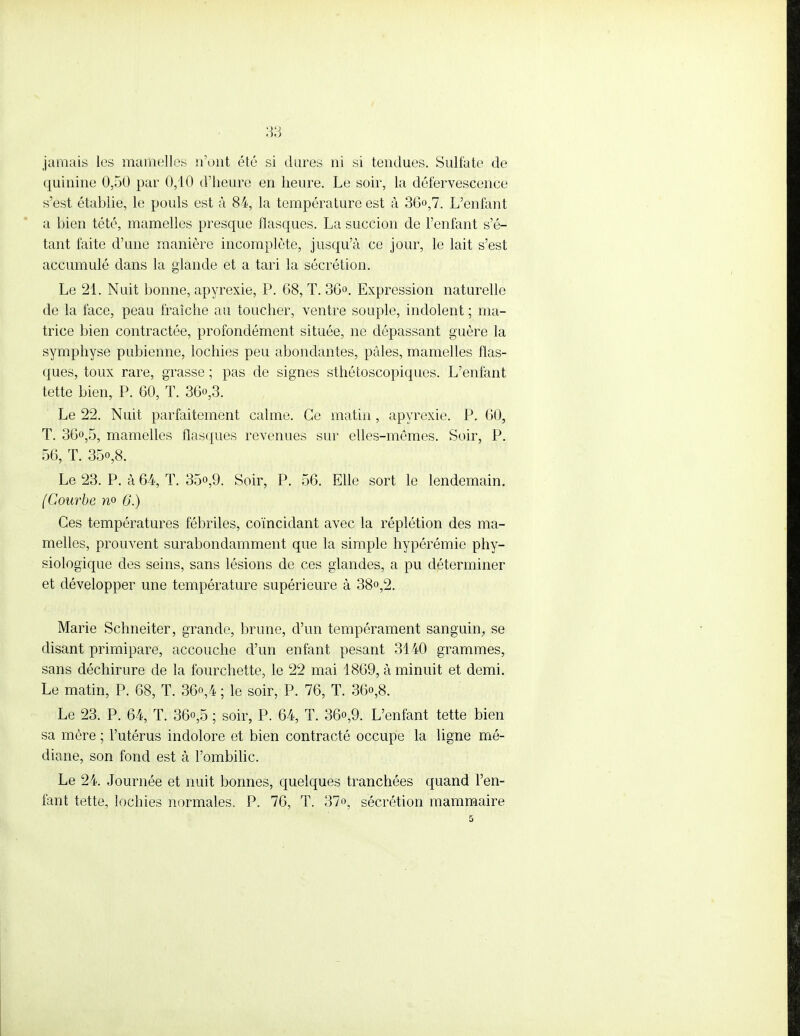 quinine 0,50 par 0,10 d'heure en heure. Le soir, la défervescence s'est établie, le pouls est à 84, la température est à 36<>,7. L'enfant a bien tété, mamelles presque flasques. La succion de l'enfant s'é- tant faite d'une manière incomplète, jusqu'à ce jour, le lait s'est accumulé dans la glande et a tari la sécrétion. Le 21. Nuit bonne, apyrexie, P. 68, T. 36». Expression naturelle de la face, peau fraîche au toucher, ventre souple, indolent ; ma- trice bien contractée, profondément située, ne dépassant guère la symphyse pubienne, lochies peu abondantes, pâles, mamelles flas- ques, toux rare, grasse ; pas de signes sthétoscopiques. L'enfant tette bien, P. 60, T. 36o,3. Le 22. Nuit parfaitement calme. Ce matin, apyrexie. P. 60, T. 36°,5, mamelles flasques revenues sur elles-mêmes. Soir, P. 56, T. 35o,8. Le 23. P. à 64, T. 35°,9. Soir, P. 56. Elle sort le lendemain. (Courbe no 6.) Ces températures fébriles, coïncidant avec la réplétion des ma- melles, prouvent surabondamment que la simple hypérémie phy- siologique des seins, sans lésions de ces glandes, a pu déterminer et développer une température supérieure à 38°,2. Marie Schneiter, grande, brune, d'un tempérament sanguin, se disant primipare, accouche d'un enfant pesant 3140 grammes, sans déchirure de la fourchette, le 22 mai 1869, à minuit et demi. Le matin, P. 68, T. 36o,4 ; le soir, P. 76, T. 36o,8. Le 23. P. 64, T. 36o,5 ; soir, P. 64, T. 36o,9. L'enfant tette bien sa mère ; l'utérus indolore et bien contracté occupe la ligne mé- diane, son fond est à l'ombilic. Le 24. Journée et nuit bonnes, quelques tranchées quand l'en- fant tette, lochies normales. P. 76, T. 37», sécrétion mammaire