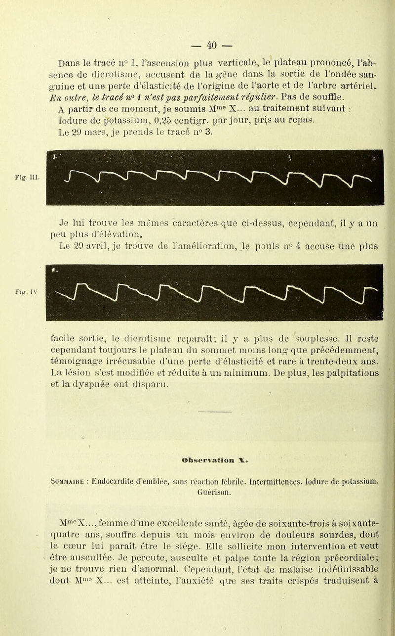 Daus le tracé n« 1, l'ascension plus verticale, le plateau prononcé, l'ab- sence de dicrotisme, accusent de la g'cne dans la sortie de l'ondée san- guine et une perte d'élasticité de l'origine de l'aorte et de l'arbre artériel. En outre, le tracé vp i n'est'pas 'parfaitement régulier. Pas de souffle. A partir de ce moment, je soumis M^ X... au traitement suivant : lodure de p'otassium, 0,25 centigr. par jour, pris au repas. Le 29 mars, je prends le tracé n 3. Fig. m. Je lui trouve les mêmes caractères que ci-dessus, cependant, il y a un peu plus d'élévation. Le 29 avril, je trouve de l'amélioration, le pouls n° 4 accuse une plus Flg. IV facile sortie, le dicrotisme reparaît; il y a plus de souplesse. Il reste cependant toujours le plateau du sommet moins long que précédemment, témoignage irrécusable d'une perte d'élasticité et rare à trente-deux ans. La lésion s'est modifiée et réduite à un minimum. De plus, les palpitations et la dyspnée ont disparu. Olt.*icrvation X. Sommaire : Endocardite d'emblée, sans réaction fébrile. Intermittences. lodure de potassium. Guérison. MX...,femme d'une excellente santé, âgée de soixante-trois à soixante- quatre ans, souffre depuis un mois environ de douleurs sourdes, dont le cœur lui paraît être le siège. Elle sollicite mon intervention et veut être auscultée. Je percute, ausculte et palpe toute la région précordiale; je ne trouve rien d'anormal. Cependant, l'état de malaise indéfinissable dont M'° X... est atteinte, l'anxiété que ses traits crispés traduisent à