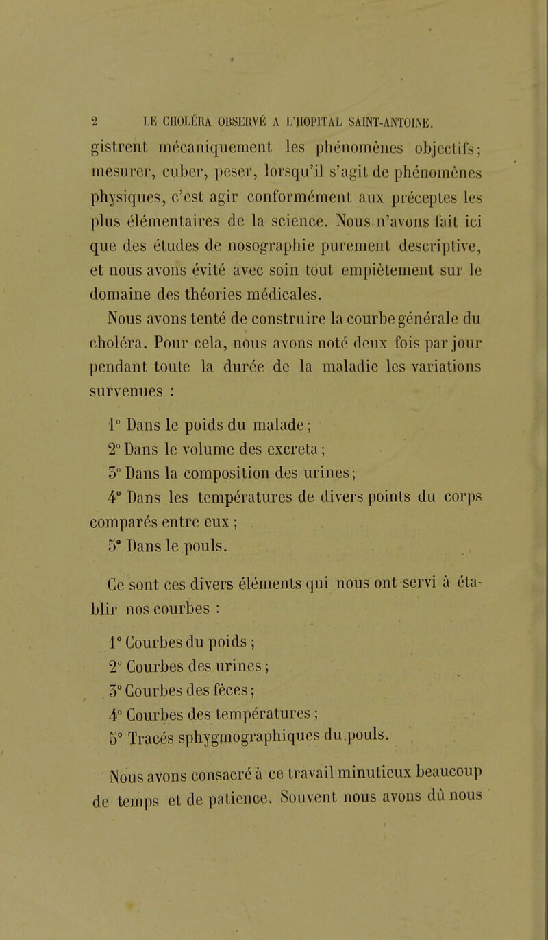 gistrent mécaniquement les phénomènes objectifs; mesurer, cuber, peser, lorsqu'il s'agit de phénomènes physiques, c'est agir conformément aux préceptes les plus élémentaires de la science. Nous n'avons fait ici que des études de nosographie purement descriptive, et nous avons évité avec soin tout empiétement sur le domaine des théories médicales. Nous avons tenté de construire la courbe générale du choléra. Pour cela, nous avons noté deux fois par jour pendant toute la durée de la maladie les variations survenues : 1° Dans le poids du malade ; 2° Dans le volume des excréta ; 5°Dans la composition des urines; 4° Dans les températures de divers points du corps comparés entre eux ; 5° Dans le pouls. Ce sont ces divers éléments qui nous ont servi à éta- blir nos courbes : r Courbes du poids ; 2 Courbes des urines ; 3 Courbes des fèces ; 4° Courbes des températures ; 5° Tracés sphygmographiques du.pouls. Nous avons consacré à ce travail minutieux beaucoup de temps et de patience. Souvent nous avons dû nous