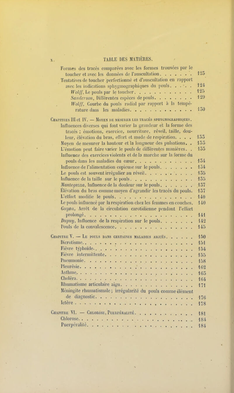 Formes des tracés comparées avec les formes trouvées par le toucher et avec les données de l'auscultation 125 Tentatives de toucher perfectionné et d'auscultation en rapport avec les indications sphygmographiques du pouls. . . . . 124 Wolff, Le pouls par le toucher 125 Sanderson, Différentes espèces de pouls 129 Wolff, Courbe du pouls radial par rapport à la tempé- rature dans les maladies 150 Chapitres III et IV. — Moyen vb mesurer les tracés sphygmographiques. Influences diverses qui font varier la grandeur et la forme des tracés : émotions, exercice, nourriture, réveil, taille, dou- leur, élévation du bras, effort et mode de respiration. . . . 155 Moyen de mesurer la hauteur et la longueur des pulsations. . 155 L'émotion peut faire varier le pouls de différentes manières. . 135 Inlluence des exercices violents et de la marche sur la forme du pouls dans les maladies du cœur 154 Influence de l'alimentation copieuse sur le pouls 134 Le poids est souvent irrégulier au réveil 155 Influence de la (aille sur le pouls 155 Mantegazza, Influence de la douleur sur le pouls 157 Élévation du bras comme moyen d'agrandir les tracés du pouls. 157 L'elfoit modifie le pouls 140 Le pouls influencé par la respiration chez les femmes en couches. 140 Guyon, Arrêt de la circulation canadienne pendant l'effort prolongé 141 Dupiiy, Inlluence de la respiration sur le pouls 142 Pouls de la convalescence 145 Chapitre V. —Le pouls dans certaines maladies aiguës 150 Dicrotisme 151 Fièvre typhoïde. 154 Fièvre intermittente 155 Pneumonie 158 Pleurésie 462 Asthme 105 Choléra 104 Rhumatisme articulaire aigu 171 Méningite rhumatismale ; irrégularité du pouls comme élément de diagnostic 170 Ictère , 178 Chapitre VI. — Chlorose, Puerpéralité 181 Chlorose 184 Puerpéralité 184