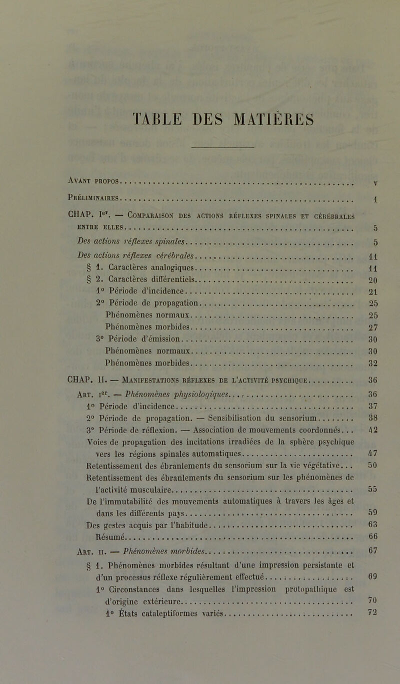 TABLE DES MATIÈRES Avant propos v Préliminaires 1 CHAP. Ier. — Comparaison des actions réflexes spinales et cérébrales ENTRE ELLES 5 Des actions réflexes spinales 5 Des actions réflexes cérébrales 11 § 1. Caractères analogiques 11 § 2. Caractères différentiels 20 1° Période d’incidence 21 2° Période de propagation ! 25 Phénomènes normaux 25 Phénomènes morbides 27 3° Période d’émission 30 Phénomènes normaux 30 Phénomènes morbides 32 CHAP. II. — Manifestations réflexes de l’activité psychique 36 Art. Ier. — Phénomènes physiologiques. 36 1° Période d’incidence 37 2° Période de propagation. — Sensibilisation du sensorium 38 3° Période de réflexion. — Association de mouvements coordonnés... 42 Voies de propagation des incitations irradiées de la sphère psychique vers les régions spinales automatiques 47 Retentissement des ébranlements du sensorium sur la vie végétative... 50 Retentissement des ébranlements du sensorium sur les phénomènes de l’activité musculaire 55 De l’immutabilité des mouvements automatiques à travers les âges et dans les différents pays 59 Des gestes acquis par l’habitude. 63 Résumé 66 AtiT. n. — Phénomènes morbides. 67 § 1. Phénomènes morbides résultant d’une impression persistante et d’un processus réflexe régulièrement effectué................... 09 1° Circonstances dans lesquelles l’impression protopathique est d’origine extérieure. 70 1» États cataleptiformes variés 72