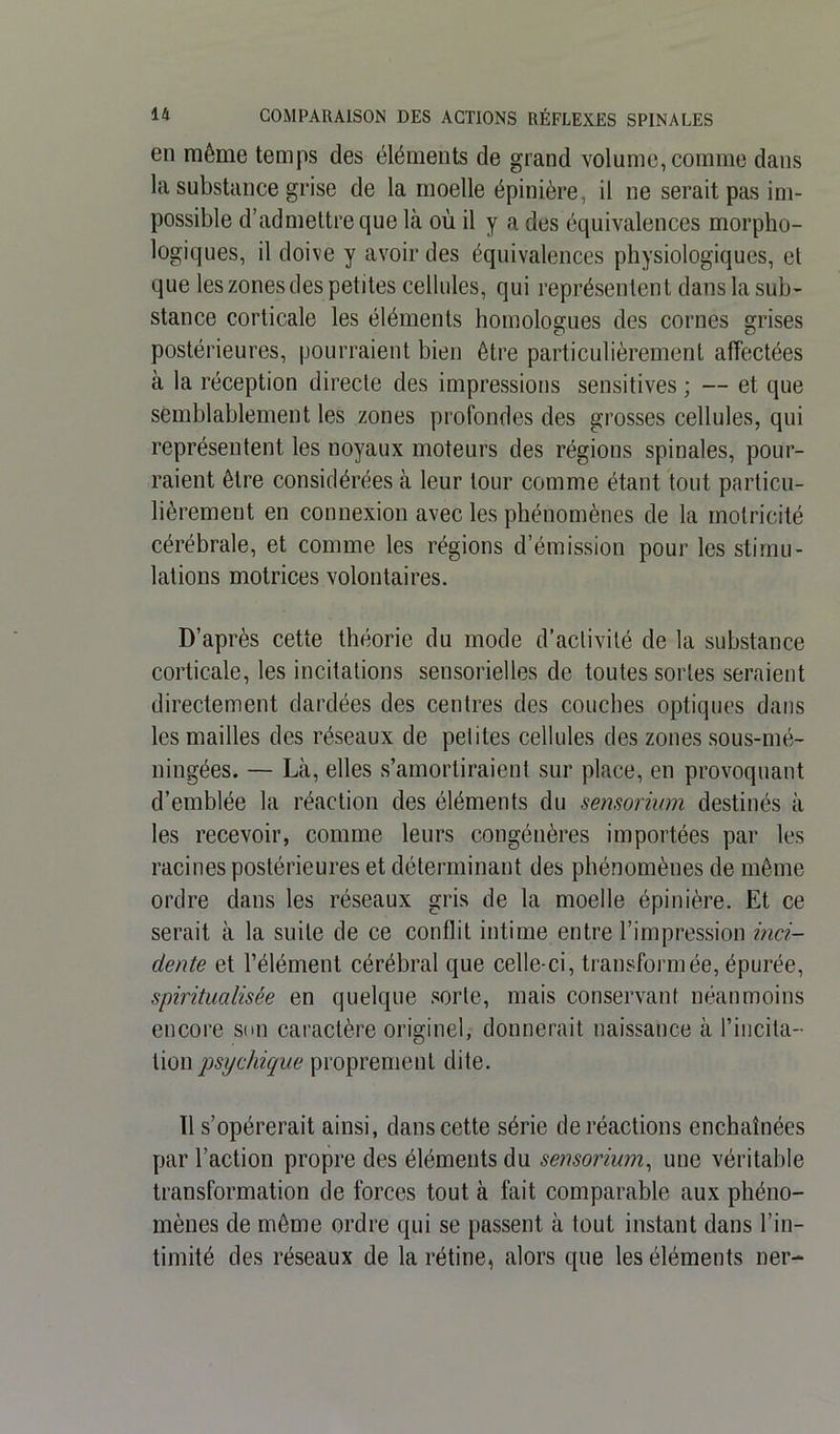 en même temps des éléments cle grand volume, comme dans la substance grise de la moelle épinière, il ne serait pas im- possible d’admettre que là où il y a des équivalences morpho- logiques, il doive y avoir des équivalences physiologiques, et que les zones des petites cellules, qui représentent dans la sub- stance corticale les éléments homologues des cornes grises postérieures, pourraient bien être particulièrement affectées à la réception directe des impressions sensitives ; — et que semblablement les zones profondes des grosses cellules, qui représentent les noyaux moteurs des régions spinales, pour- raient être considérées à leur tour comme étant tout particu- lièrement en connexion avec les phénomènes de la motricité cérébrale, et comme les régions d’émission pour les stimu- lations motrices volontaires. D’après cette théorie du mode d’activité de la substance corticale, les incitations sensorielles de toutes sortes seraient directement dardées des centres des couches optiques dans les mailles des réseaux de petites cellules des zones sous-mé- ningées. — Là, elles s’amortiraient sur place, en provoquant d’emblée la réaction des éléments du sensorium destinés à les recevoir, comme leurs congénères importées par les racines postérieures et déterminant des phénomènes de même ordre dans les réseaux gris de la moelle épinière. Et ce serait à la suite de ce conflit intime entre l’impression inci- dente et l’élément cérébral que celle-ci, transformée, épurée, spiritualisée en quelque sorte, mais conservant néanmoins encore son caractère originel, donnerait naissance à l’incita- tion psychique proprement dite. Il s’opérerait ainsi, dans cette série de réactions enchaînées par l’action propre des éléments du sensorium, une véritable transformation de forces tout à fait comparable aux phéno- mènes de même ordre qui se passent à tout instant dans l’in- timité des réseaux de la rétine, alors que les éléments lier-