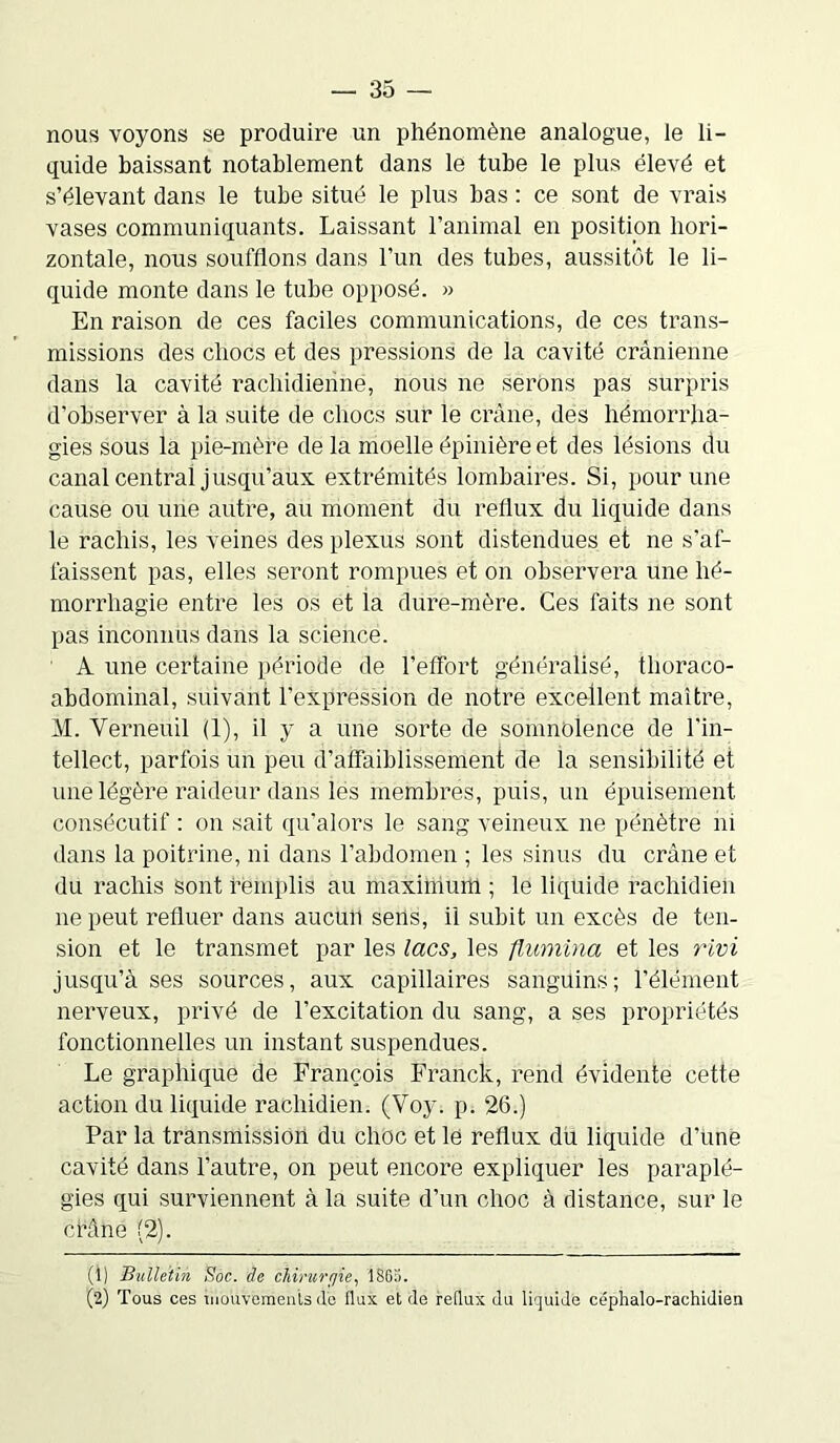 nous voyons se produire un phénomène analogue, le li- quide baissant notablement dans le tube le plus élevé et s’élevant dans le tube situé le plus bas : ce sont de vrais vases communiquants. Laissant l’animal en position hori- zontale, nous soufflons dans l’un des tubes, aussitôt le li- quide monte dans le tube opposé. » En raison de ces faciles communications, de ces trans- missions des chocs et des pressions de la cavité crânienne dans la cavité rachidienne, nous ne serons pas surpris d’observer à la suite de chocs sur le crâne, des hémorrha- gies sous la pie-mère de la moelle épinière et des lésions du canal central jusqu’aux extrémités lombaires. Si, pour une cause ou une autre, au moment du reflux du liquide dans le rachis, les veines des plexus sont distendues et ne s’af- faissent pas, elles seront rompues et on observera une hé- morrhagie entre les os et la dure-mère. Ces faits ne sont pas inconnus dans la science. A une certaine période de l’effort généralisé, thoraco- abdominal, suivant l’expression de notre excellent maître, M. Verneuil (1), il y a une sorte de somnolence de l'in- tellect, parfois un peu d’affaiblissement de la sensibilité et une légère raideur dans lés membres, puis, un épuisement consécutif : on sait qu’alors le sang veineux ne pénètre ni dans la poitrine, ni dans l’abdomen ; les sinus du crâne et du rachis sont remplis au maximum ; le liquide rachidien ne peut refluer dans aucun sens, il subit un excès de ten- sion et le transmet par les lacs, les flumina et les rivi jusqu’à ses sources, aux capillaires sanguins; l’élément nerveux, privé de l’excitation du sang, a ses propriétés fonctionnelles un instant suspendues. Le graphique de François Franck, rend évidente cette action du liquide rachidien. (Voy. p. 26.) Par la transmission du choc et le reflux du liquide d’une cavité dans l’autre, on peut encore expliquer les paraplé- gies qui surviennent à la suite d’un choc à distance, sur le crâne (2). (1) Bulletin Soc. de chirurgie, 18G3. (2) Tous ces mouvements do flux et de reflux du liquide céphalo-rachidien