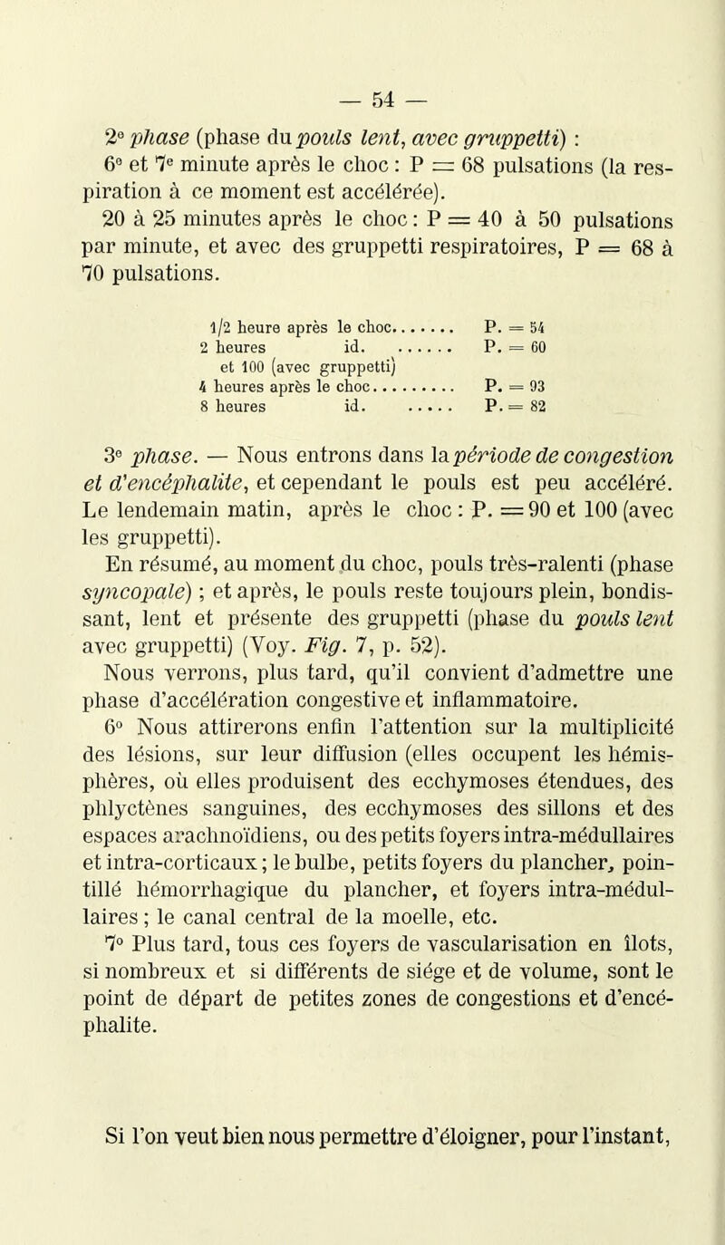 2e phase (phase du pouls lent, avec gruppettï) : 6° et 7e minute après le choc : P — 68 pulsations (la res- piration à ce moment est accélérée). 20 à 25 minutes après le choc : P = 40 à 50 pulsations par minute, et avec des gruppetti respiratoires, P = 68 à 70 pulsations. l/2 heure après le choc P. = 54 2 heures id P. = 60 et 100 (avec gruppetti) 4 heures après le choc P. = 93 8 heures id. P. = 82 3° phase. — Nous entrons dans la période de congestion et d'encéphalite, et cependant le pouls est peu accéléré. Le lendemain matin, après le choc : P. =90 et 100 (avec les gruppetti). En résumé, au moment du choc, pouls très-ralenti (phase syncopale) ; et après, le pouls reste toujours plein, bondis- sant, lent et présente des gruppetti (phase du pouls lent avec gruppetti) (Yoy. Fig. 7, p. 52). Nous verrons, plus tard, qu’il convient d’admettre une phase d’accélération congestive et inflammatoire. 6° Nous attirerons enfin l’attention sur la multiplicité des lésions, sur leur diffusion (elles occupent les hémis- phères, où elles produisent des ecchymoses étendues, des plilyctènes sanguines, des ecchymoses des sillons et des espaces arachnoïdiens, ou des petits foyers intra-médullaires et intra-corticaux ; le bulbe, petits foyers du plancher, poin- tillé hémorrhagique du plancher, et foyers intra-médul- laires ; le canal central de la moelle, etc. 7° Plus tard, tous ces foyers de vascularisation en îlots, si nombreux et si différents de siège et de volume, sont le point de départ de petites zones de congestions et d’encé- phalite. Si l’on veut bien nous permettre d’éloigner, pour l’instant,