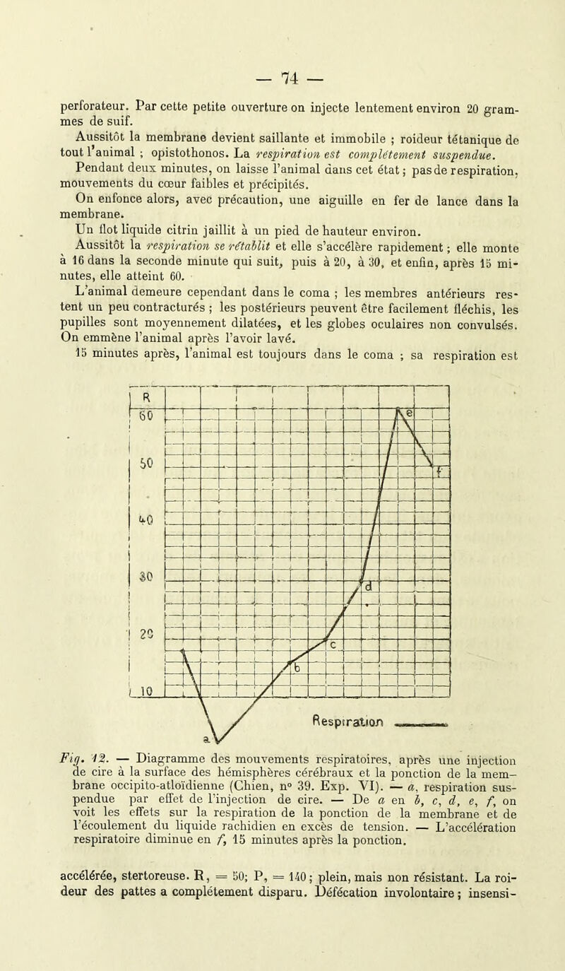 perforateur. Par cette petite ouverture on injecte lentement environ 20 gram- mes de suif. Aussitôt la membrane devient saillante et immobile ; roideur tétanique de tout 1 animal ; opistothonos. La respiration est complètement suspendue. Pendant deux minutes, on laisse l’animal dans cet état; pas de respiration, mouvements du cœur faibles et précipités. On enfonce alors, avec précaution, une aiguille en fer de lance dans la membrane. Un flot liquide citrin jaillit à un pied de hauteur environ. Aussitôt la respiration se rétablit et elle s’accélère rapidement ; elle monte à 16 dans la seconde minute qui suit, puis à 20, à 30, et enfin, après la mi- nutes, elle atteint 60. L’animal demeure cependant dans le coma ; les membres antérieurs res- tent un peu contracturés ; les postérieurs peuvent être facilement fléchis, les pupilles sont moyennement dilatées, et les globes oculaires non convulsés. On emmène l’animal après l’avoir lavé. 15 minutes après, l’animal est toujours dans le coma ; sa respiration est Fig. 12. — Diagramme des mouvements respiratoires, après une injection de cire à la surface des hémisphères cérébraux et la ponction de la mem- brane occipito-atloïdienne (Chien, n° 39. Exp. YI). — «, respiration sus- pendue par effet de l’injection de cire. — De a en b, c, d, e, f, on voit les effets sur la respiration de la ponction de la membrane et de l’écoulement du liquide rachidien en excès de tension. — L’accélération respiratoire diminue en f, 15 minutes après la ponction. accélérée, stertoreuse. R, = 50; P, = 140; plein, mais non résistant. La roi- deur des pattes a complètement disparu. Défécation involontaire; insensi-