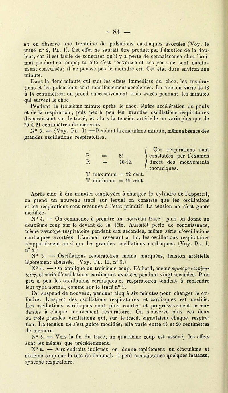 et on observe une trentaine de pulsations cardiaques avortées (Voy. le tracé n° 2, Pl. I). Cet effet ne saurait être produit par l’émotion de la dou- leur, car il est facile de constater qu’il y a perte de connaissance chez l’ani- mal pendant ce temps; sa tête s'est renversée et ses yeux se sont subile- ment convulsés; il ue pousse pas le moindre cri. Cet état dure environ une minute. Dans la demi-minute qui suit les effets immédiats du choc, les respira- tions et les pulsations sont manifestement accélérées. La tension varie de 18 à 14 centimètres; on prend successivement trois tracés pendant les minutes qui suivent le choc. Pendant la troisième minute après le choc, légère accélération du pouls et de la respiration ; puis peu à peu les grandes oscillations respiratoires disparaissent sur le tracé, et alors la tension artérielle ne varie plus que de 2U à 21 centimètres de mercure. îl° 3. — (Voy. Pl. I).— Pendant la cinquième minute, même absence des grandes oscillations respiratoires. !Ces respirations sont constatées par l’examen direct des mouvements thoraciques. T maximum = 22 cent. T minimum = 19 cent. Après cinq à dix minutes employées à changer le cylindre de l’appareil, on prend un nouveau tracé sur lequel on constate que les oscillations et les respirations sont revenues à l’état primitif. La tension ne s’est guère modifiée. N° 4. — On commence à prendre un nouveau tracé; puis on donne un deuxième coup sur le devant de la tête. Aussitôt perte de connaissance, même'syncope respiratoire pendant dix secondes, même série d’oscillations cardiaques avortées. L’animal revenant à lui, les oscillations respiratoires réapparaissent ainsi que les grandes oscillations cardiaques. (Voy. Pl. I, n° 4.1 N° 5. — Oscillations respiratoires moins marquées, tension artérielle légèrement abaissée. (Voy. Pl. II, n° 5.) N° 6. — On applique un troisième coup. D’abord, même syncope respira- toire,el séné d’oscillations cardiaques avortées pendant vingt secondes. Puis peu à peu les oscillations cardiaques et respiratoires tendent à reprendre leur type normal, comme sur le tracé n° 1. On suspend de nouveau, pendant cinq à six minutes pour changer le cy- lindre. L’aspect des oscillations respiratoires et cardiaques est modifié. Les oscillations cardiaques sont plus courtes et progressivement ascen- dantes à chaque mouvement respiratoire. On n’observe plus ces deux ou trois grandes oscillations qui, sur le tracé, signalaient chaque respira- tion. La tension ne s’est guère modifiée; elle varie entre 18 et 20 centimètres de mercure. N° 8. — Vers la fin du tracé, un quatrième coup est asséné, les effets sont les mêmes que précédemment. N° 9. — Aux endroits indiqués, on donne rapidement un cinquième et sixième coup sur la tête de l’animal. Il perd connaissance quelques instants, syncope respiratoire.