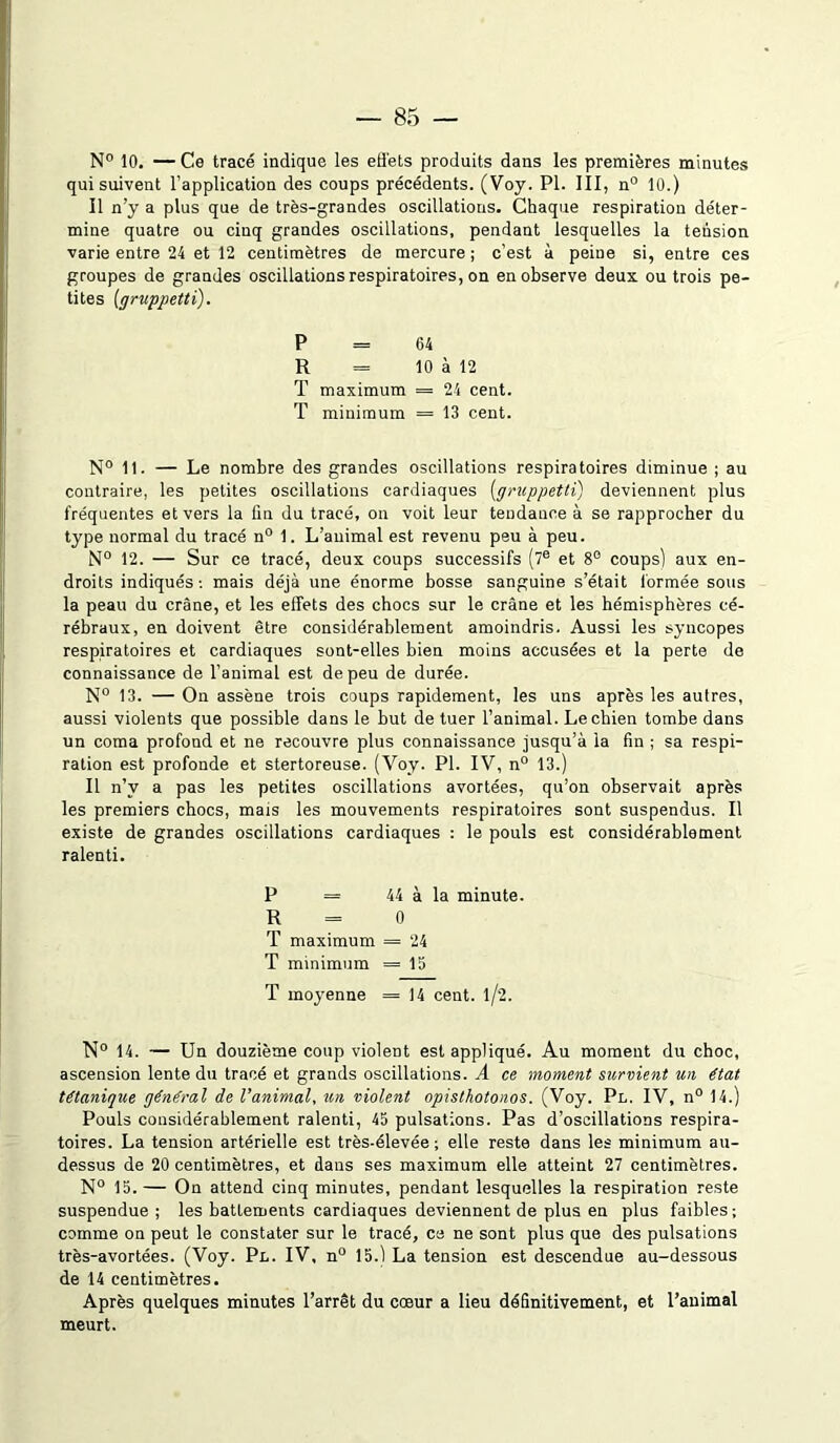 N° 10. — Ce tracé indique les effets produits dans les premières minutes qui suivent l’application des coups précédents. (Voy. PL III, n° 10.) Il n’y a plus que de très-grandes oscillations. Chaque respiration déter- mine quatre ou cinq grandes oscillations, pendant lesquelles la tension varie entre 24 et 12 centimètres de mercure ; c’est à peine si, entre ces groupes de grandes oscillations respiratoires, on en observe deux ou trois pe- tites [gruppetti). P = 64 R = 10 à 12 T maximum = 24 cent. T minimum = 13 cent. N° 11. — Le nombre des grandes oscillations respiratoires diminue ; au contraire, les petites oscillations cardiaques {gruppettî) deviennent plus fréquentes et vers la fin du tracé, on voit leur tendance à se rapprocher du type normal du tracé n° 1. L’animal est revenu peu à peu. N° 12. — Sur ce tracé, deux coups successifs (7e et 8° coups) aux en- droits indiqués-, mais déjà une énorme bosse sanguine s’était formée sous la peau du crâne, et les effets des chocs sur le crâne et les hémisphères cé- rébraux, en doivent être considérablement amoindris. Aussi les syncopes respiratoires et cardiaques sont-elles bien moins accusées et la perte de connaissance de l’animal est de peu de durée. N° 13. — On assène trois coups rapidement, les uns après les autres, aussi violents que possible dans le but de tuer l’animal. Le chien tombe dans un coma profond et ne recouvre plus connaissance jusqu’à la fin ; sa respi- ration est profonde et stertoreuse. (Voy. PI. IV, n° 13.) Il n’v a pas les petites oscillations avortées, qu’on observait après les premiers chocs, mais les mouvements respiratoires sont suspendus. Il existe de grandes oscillations cardiaques : le pouls est considérablement ralenti. P = 44 à la minute. R = 0 T maximum = 24 T minimum = 15 T moyenne = 14 cent. l/2. N° 14. — Un douzième coup violent est appliqué. Au moment du choc, ascension lente du tracé et grands oscillations. A ce moment survient un état tétanique général de l’animal, un violent opisthotonos. (Voy. Pl. IV, n° 14.) Pouls considérablement ralenti, 45 pulsations. Pas d’oscillations respira- toires. La tension artérielle est très-élevée; elle reste dans les minimum au- dessus de 20 centimètres, et dans ses maximum elle atteint 27 centimètres. N° 15. — On attend cinq minutes, pendant lesquelles la respiration reste suspendue ; les battements cardiaques deviennent de plus en plus faibles; comme on peut le constater sur le tracé, ce ne sont plus que des pulsations très-avortées. (Voy. Pl. IV, n° 15.) La tension est descendue au-dessous de 14 centimètres. Après quelques minutes l’arrêt du cœur a lieu définitivement, et l’animal meurt.