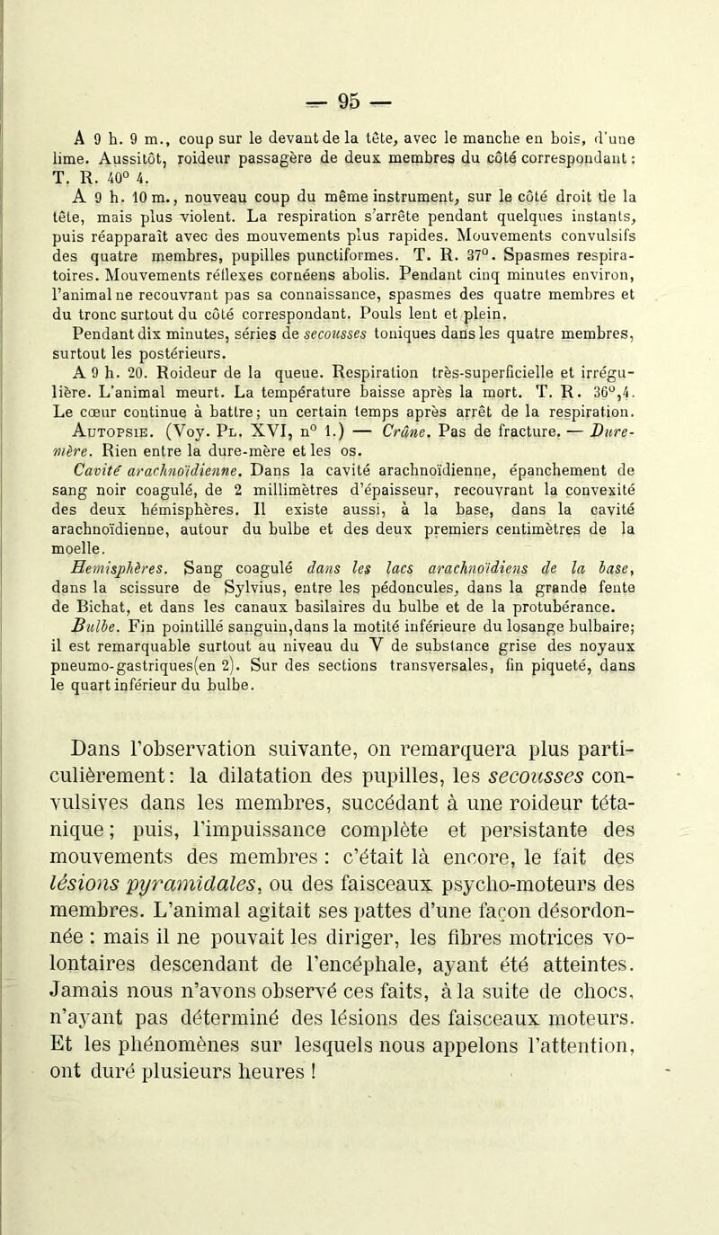 A 9 h. 9 m., coup sur le devant de la tête, avec le manche en bois, d’une lime. Aussitôt, roideur passagère de deux membres du côté correspondant : T. R. 40° 4. A 9 h. 10 m., nouveau coup du même instrument, sur le côté droit de la tête, mais plus violent. La respiration s'arrête pendant quelques instants, puis réapparaît avec des mouvements plus rapides. Mouvements convulsifs des quatre membres, pupilles punctiformes. T. R. 37°. Spasmes respira- toires. Mouvements rétlexes cornéens abolis. Pendant cinq minutes environ, l’animal ne recouvrant pas sa connaissance, spasmes des quatre membres et du tronc surtout du côté correspondant. Pouls lent et plein. Pendant dix minutes, séries de secousses toniques dans les quatre membres, surtout les postérieurs. A 9 h. 20. Roideur de la queue. Respiration très-superficielle et irrégu- lière. L’animal meurt. La température baisse après la mort. T. R. 30°,4. Le cœur continue à battre; un certain temps après arrêt de la respiration. Autopsie. (Voy. Pl. XVI, n° 1.) — Crâne. Pas de fracture. — Dure- mère. Rien entre la dure-mère et les os. Cavité arachnoïdienne. Dans la cavité arachnoïdienne, épanchement de sang noir coagulé, de 2 millimètres d’épaisseur, recouvrant la convexité des deux hémisphères. R existe aussi, à la base, dans la cavité arachnoïdienne, autour du bulbe et des deux premiers centimètres de la moelle. Hémisphères. Sang coagulé dans les lacs arachno'idiens de la hase, dans la scissure de Sylvius, entre les pédoncules, dans la grande fente de Bichat, et dans les canaux basilaires du bulbe et de la protubérance. Bulbe. Fin pointillé sanguin,dans la motité inférieure du losange bulbaire; il est remarquable surtout au niveau du V de substance grise des noyaux pneumo-gastriques(en 2). Sur des sections transversales, fin piqueté, dans le quart inférieur du bulbe. Dans l’observation suivante, on remarquera plus parti- culièrement: la dilatation des pupilles, les secousses con- vulsives dans les membres, succédant à une roideur téta- nique ; puis, l'impuissance complète et persistante des mouvements des membres : c’était là encore, le fait des lésions pyramidales, ou des faisceaux psycho-moteurs des membres. L’animal agitait ses pattes d’une façon désordon- née : mais il ne pouvait les diriger, les fibres motrices vo- lontaires descendant de l’encéphale, ayant été atteintes. Jamais nous n’avons observé ces faits, à la suite de chocs, n’ayant pas déterminé des lésions des faisceaux moteurs. Et les phénomènes sur lesquels nous appelons l’attention, ont duré plusieurs heures !