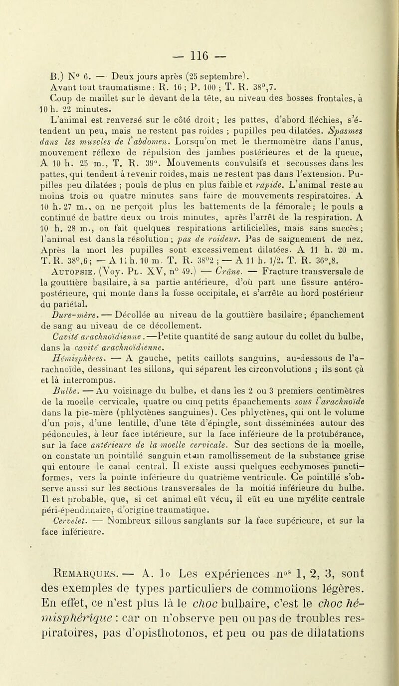 B.) N° 6. — Deux jours après (25 septembre). Avant tout traumatisme: R. 16 ; P. 1U0 ; T. R. 38°,7. Coup de maillet sur le devant delà tête, au niveau des bosses frontales, à lüh. 22 minutes. L'animal est renversé sur le côté droit; les pattes, d’abord fléchies, s’é- tendent un peu, mais ne restent pas roides ; pupilles peu ddatées. Spasmes dans les muscles de £ abdomen. Lorsqu’on met le thermomètre dans l’anus, mouvement réflexe de répulsion des jambes postérieures et de la queue, A 10 h. 25 m., T. R. 39°. Mouvements convulsifs et secousses dans les pattes, qui tendent à revenir roides, mais ne restent pas dans l’extension. Pu- pilles peu dilatées ; pouls de plus en plus faible et rapide. L’animal reste au moins trois ou quatre minutes sans faire de mouvements respiratoires. A 10 h. 27 m.. on ne perçoit plus les battements de la fémorale; le pouls a continué de battre deux ou trois minutes, après l’arrêt de la respiration. A 10 h. 28 m., on fait quelques respirations artificielles, mais sans succès ; l’animal est dans la résolution ; pas de raideur. Pas de saignement de nez. Après la mort les pupilles sont excessivement dilatées. A 11 h. 20 m. T. R. 38°,6; — A 11 h. 10 m. T. R. 38°2 ; — A 11 h. 1/2. T. R. 36°,8. Autopsie. (Voy. Pl. XV, n° 49.1 — Crâne. — Fracture transversale de la gouttière basilaire, à sa partie antérieure, d’où part une fissure antéro- postérieure, qui moute dans la fosse occipitale, et s’arrête au bord postérieur du pariétal. Dure-mère. — Décollée au niveau de la gouttière basilaire ; épanchement de sang au niveau de ce décollement. Cavité arachnoïdienne.— Petite quantité de sang autour du collet du bulbe, dans la cavité arachnoïdienne. Hémisphères. — A gauche, petits caillots sanguins, au-dessous de l’a- rachnoïde, dessinant les sillons, qui séparent les circonvolutions ; ils sont çà et là interrompus. Bulbe. —Au voisinage du bulbe, et dans les 2 ou 3 premiers centimètres de la moelle cervicale, quatre ou cinq petits épanchements sous l arachnoïde dans la pie-mère (phlyctènes sanguines). Ces phlyctènes, qui ont le volume d'un pois, d’une lentille, d’une tête d’épingle, sont disséminées autour des pédoncules, à leur face intérieure, sur la face inférieure de la protubérance, sur la face antérieure de la moelle cervicale. Sur des sections de la moelle, on constate un pointillé sanguin et«uu ramollissement de la substance grise qui entoure le canal central. Il existe aussi quelques ecchymoses puncti- formes, vers la pointe inférieure du quatrième ventricule. Ce pointillé s’ob- serve aussi sur les sections transversales de la moitié inférieure du bulbe. 11 est probable, que, si cet animal eût vécu, il eût eu une myélite centrale péri-épendiinaire, d’origine traumatique. Cervelet. — Nombreux sillons sanglants sur la face supérieure, et sur la face inférieure. Remarques.— A. lo Les expériences noS 1, 2, 3, sont des exemples de types particuliers de commotions légères. En effet, ce n’est plus là le choc bulbaire, c’est le choc hé- misphérique : car on n’observe peu ou pas de troubles res- piratoires, pas d’opistliotonos, et peu ou pas de dilatations