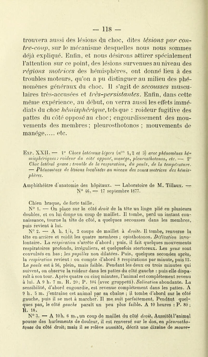 trouvera aussi des lésions dji choc, dites lésions par con- tre-coup, sur le mécanisme desquelles nous nous sommes déjà expliqué. Enfin, et nous désirons attirer spécialement l’attention sur ce point, des lésions survenues au niveau des régions motrices des hémisphères, ont donné lieu à des troubles moteurs, qu’on a pu distinguer au milieu des phé- nomènes généraux du choc. Il s’agit de secousses muscu- laires très-accusées et très-persistantes. Enfin, dans cette même expérience, au début, on verra aussi les effets immé- diats du choc hémisphérique, tels que : roideur fugitive des pattes du côté opposé au choc; engourdissement des mou- vements des membres ; pleurosthotonos ; mouvements de manège,.... etc. Exp. XXII. — 1° Chocs latéraux légers [nos 1,2 et 3) avec phénomènes hé- misphériques : roideur du côté opposé, manège, pleurosthotonos, etc.— 2° Choc latéral grave : trouble de la respiration, du pouls, de la température. — Phénomènes de lésions localisées au niveau des zones motrices des hémis- phères. Amphithéâtre d’anatomie des hôpitaux. — Laboratoire de M. Tillaux. — N° 46. — 17 septembre 1877. Chien braque, de forte taille. N° 1. — On place sur le côté droit de la tête un linge plié en plusieurs doubles, et on lui donne un coup 4e maillet. Il tombe, perd un instant con- naissance, tourne la tête de côté, a quelques secousses dans les membres, puis revient à lui. N° 2. — A h. l/4, 2 coups de maillet à droite. Il tombe, renverse la tête en arrière et roidit les quatre membres ; opisthotonos. Défécation invo- lontaire. La respiration s’arrête d’abord ; puis, il fait quelques mouvements respiratoires profonds, irréguliers, et quelquefois stertoreux. Les yeux sont convulsés en bas; les pupilles non dilatées. Puis, quelques secondes après, la respiration revient : on compte d’abord 8 respirations par minute, puis 12. Le pouls est à 56, plein, mais faible. Pendant les deux ou trois minutes qui suivent, on observe la roideur dans les pattes du côté gauche : puis elle dispa- raît à son tour. Après quatre ou cinq minutes, l’animal est complètement revenu à lui. A 9 h. 7 m. R. 20; P. 104 (avec gruppetti). Salivation abondante. La sensibilité, d’abord engourdie, est revenue complètement dans les pattes. A 9 h. 5 m. j’entraîne cet animal par sa chaîne ; il tombe d’abord sur le côté gauche, puis il se met à marcher. Il me suit parfaitement. Pendant quel- ques pas, le côté gauche paraît un peu plus faible. A 10 heures : P. 80 ; R. 18. N° 3. — A 10 h. 6 m.,un coup de maillet du côté droit. Aussitôt l’animal pousse des hurlements de douleur, il est renversé sur le dos, en pleurostho- tonos du côté droit; mais il se relève aussitôt, décrit une dizaine de mouve-