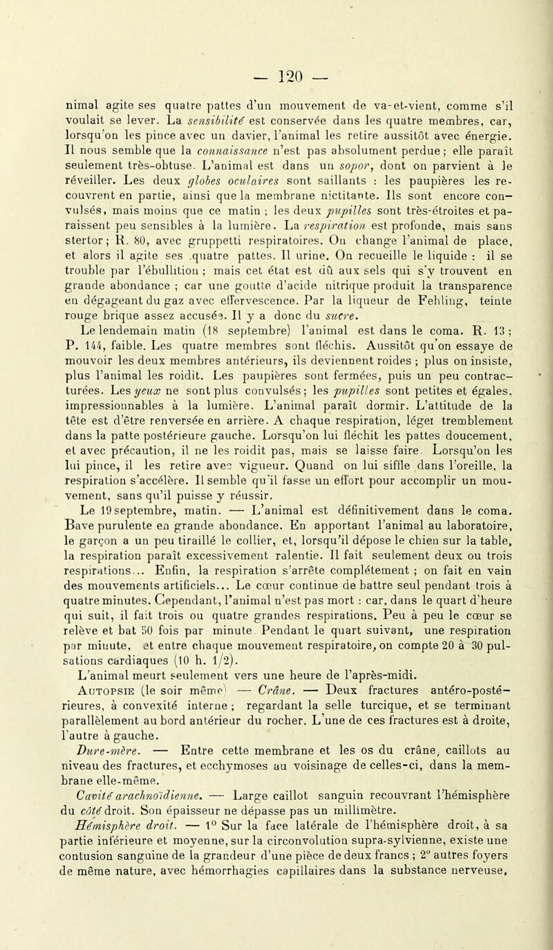 nimal agite ses quatre pattes (l’un mouvement de va-et-vient, comme s’il voulait se lever. La sensibilité est conservée dans les quatre membres, car, lorsqu’on les pince avec un davier, l'animal les retire aussitôt avec énergie. Il nous semble que la connaissance n’est pas absolument perdue ; elle parait seulement très-obtuse. L’animal est dans un sopor, dont on parvient à le réveiller. Les deux globes oculaires sont saillants : les paupières les re- couvrent en partie, ainsi que la membrane nictitante. Ils sont encore con- vulsés, mais moins que ce matin ; les deux pupilles sont très-étroites et pa- raissent peu sensibles à la lumière. La respiration est profonde, mais sans stertor; R. 80, avec gruppetti respiratoires. On change l’animal de place, et alors il agite ses quatre pattes. Il urine. On recueille le liquide : il se trouble par l’ébullition ; mais cet état est dû aux sels qui s’y trouvent en grande abondance ; car une goutte d’acide nitrique produit la transparence en dégageant du gaz avec etfervescence. Par la liqueur de Fehling, teinte rouge brique assez accusée. Il y a donc du sucre. Le lendemain matin (18 septembre) l'animal est dans le coma. R. 13 ; P. 144, faible. Les quatre membres sont fléchis. Aussitôt qu’on essaye de mouvoir les deux membres antérieurs, ils deviennent roides ; plus on insiste, plus l’animal les roidit. Les paupières sont fermées, puis un peu contrac- turées. Les yeux ne sont plus convulsés; les pupilles sont petites et égales, impressionnables à la lumière. L’animal paraît dormir. L’attitude de la tête est d’être renversée en arrière. A chaque respiration, légei tremblement dans la patte postérieure gauche. Lorsqu’on lui fléchit les pattes doucement, et avec précaution, il ne les roidit pas, mais se laisse faire. Lorsqu’on les lui pince, il les retire avec vigueur. Quand on lui siffle dans l’oreille, la respiration s’accélère. Il semble qu'il fasse uu effort pour accomplir un mou- vement, sans qu’il puisse y réussir. Le 19septembre, matin. — L’animal est définitivement dans le coma. Bave purulente en grande abondance. En apportant l’animal au laboratoire, le garçon a un peu tiraillé le collier, et, lorsqu’il dépose le chien sur la table, la respiration paraît excessivement ralentie. 11 fait seulement deux ou trois respirations... Enfin, la respiration s’arrête complètement ; on fait en vain des mouvements artificiels... Le cœur continue débattre seul pendant trois à quatre minutes. Cependant, l’animal n’est pas mort : car, dans le quart d’heure qui suit, il fait trois ou quatre grandes respirations. Peu à peu le cœur se relève et bat S0 fois par minute. Pendant le quart suivant, une respiration par minute, et entre chaque mouvement respiratoire, on compte 20 à 30 pul- sations cardiaques (10 h. l/2). L’animal meurt seulement vers une heure de l’après-midi. Autopsie (le soir même) — Crâne. — Deux fractures antéro-posté- rieures, à convexité interne ; regardant la selle turcique, et se terminant parallèlement au bord antérieur du rocher. L’une de ces fractures est à droite, l’autre à gauche. Dure-mère. — Entre cette membrane et les os du crâne, caillots au niveau des fractures, et ecchymoses au voisinage de celles-ci, dans la mem- brane elle-même. Cavité arachnoïdienne. — Large caillot sanguin recouvrant l’hémisphère du côté droit. Son épaisseur ne dépasse pas un millimètre. Hémisphère droit. — 1° Sur la face latérale de l'hémisphère droit, à sa partie inférieure et moyenne, sur la circonvolution supra-sylvienne, existe une contusion sanguine de la grandeur d’une pièce de deux francs ; 2° autres foyers de même nature, avec hémorrhagies capillaires dans la substance nerveuse.
